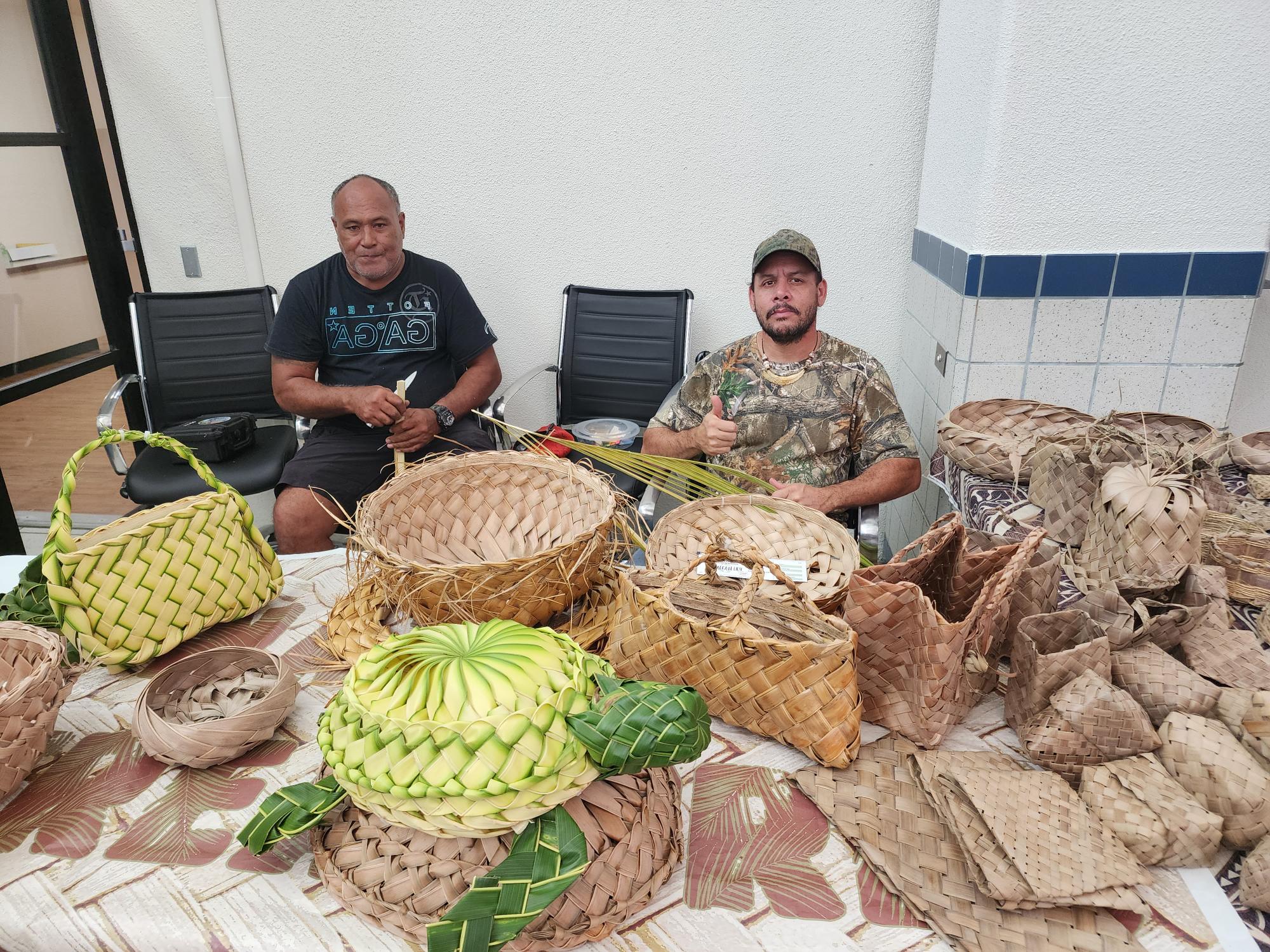 Coconut basket weavers and their creations.