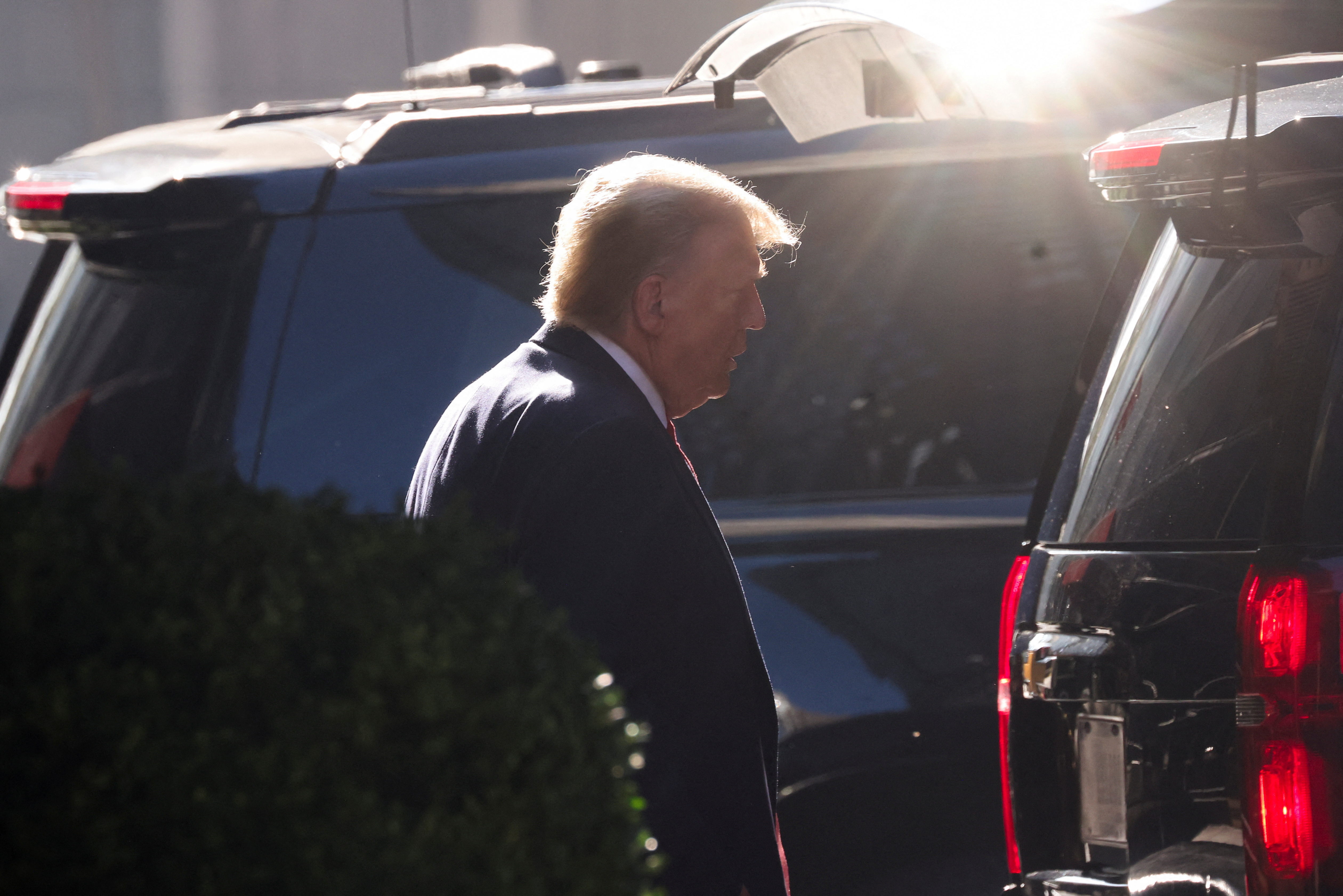 Former U.S. President Donald Trump departs Trump Tower for a Manhattan courthouse trial of himself, his adult sons, the Trump Organization and others in a civil fraud case brought by state Attorney General Letitia James, in New York City, U.S., October 3, 2023. 