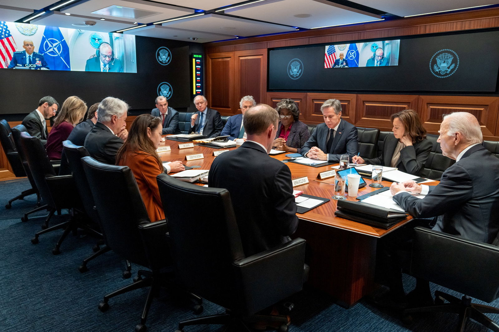 U.S. President Joe Biden and Vice President Kamala Harris meet about the situation in Israel with members of Biden's cabinet and national security team, including U.S. Secretary of State Antony Blinken and others in the White House Situation Room and virtually by Chairman of the Joint Chiefs of Staff General Charles Brown Jr. and Defense Secretary Lloyd Austin, in a White House handout photo taken in Washington, U.S. October 10, 2023. 