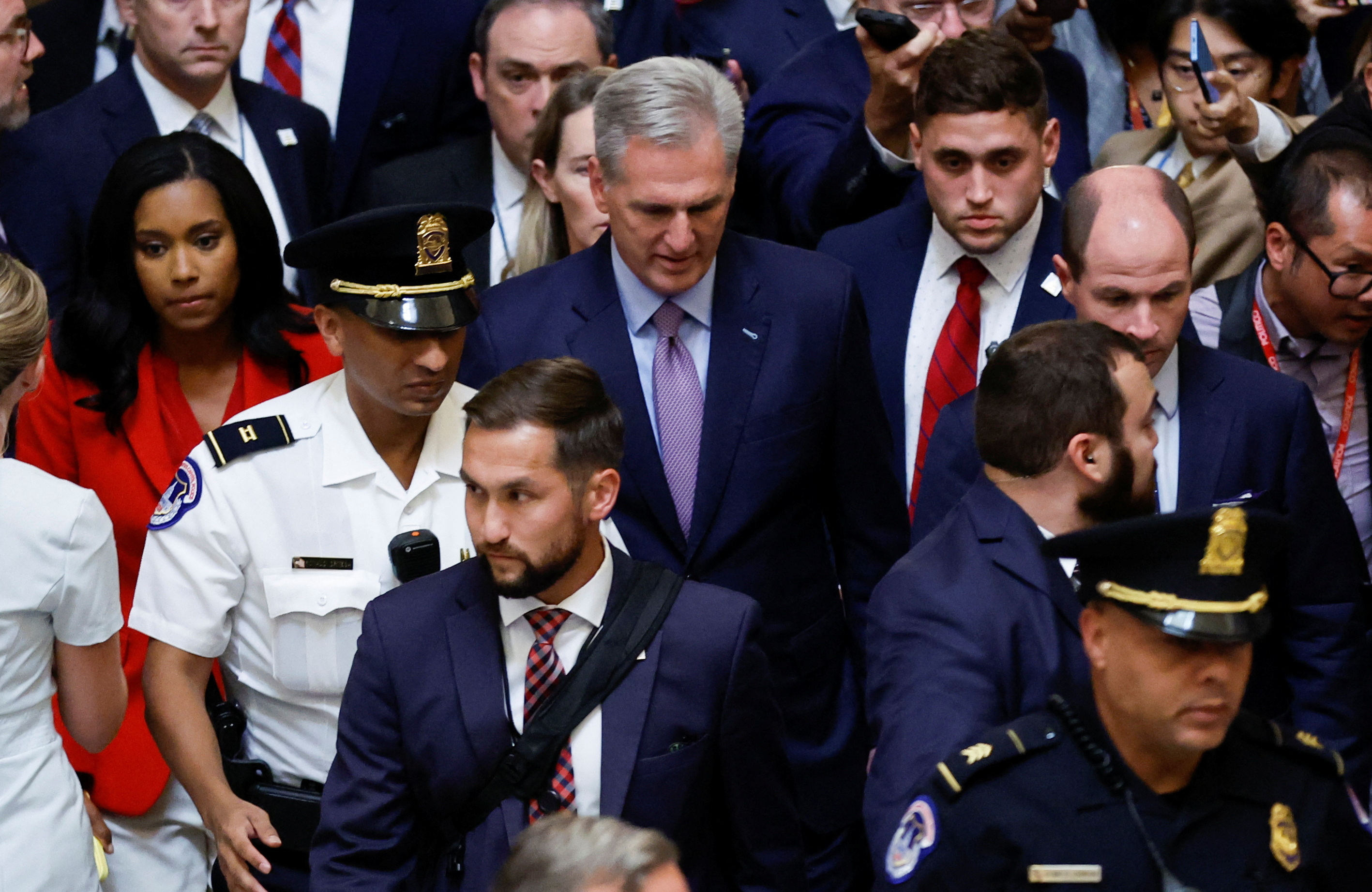 U.S. House Speaker Kevin McCarthy (R-CA) walks back to the Speaker's office after a motion to vacate the chair of Speaker of the House and end McCarthy's continued leadership passed by a vote of 216-210, at the U.S. Capitol in Washington, U.S. October 3, 2023. REUTERS/Jonathan Ernst