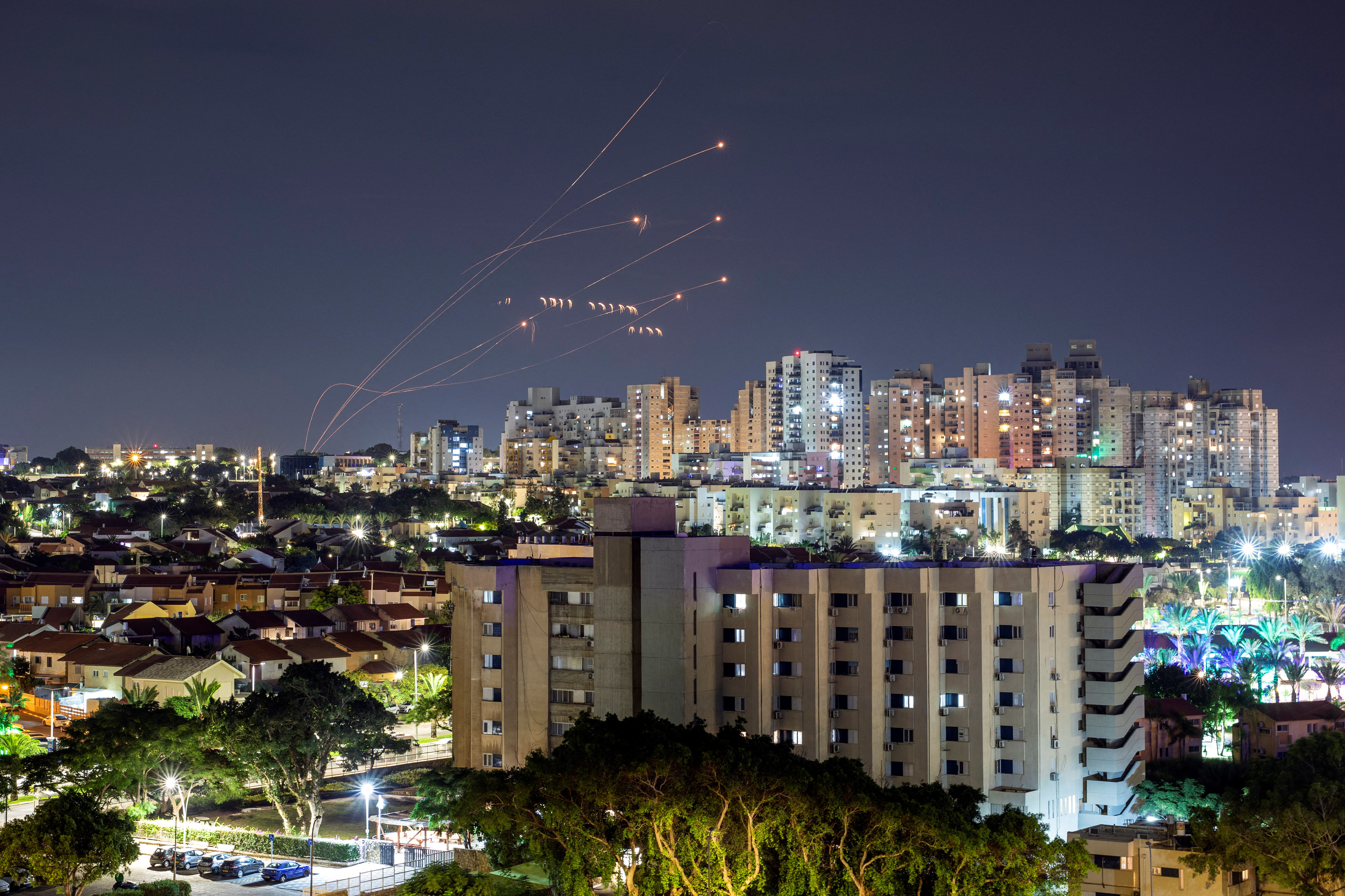 Israel's Iron Dome anti-missile system intercepts rockets launched from the Gaza Strip, as seen from Ashkelon in southern Israel October 7, 2023. 