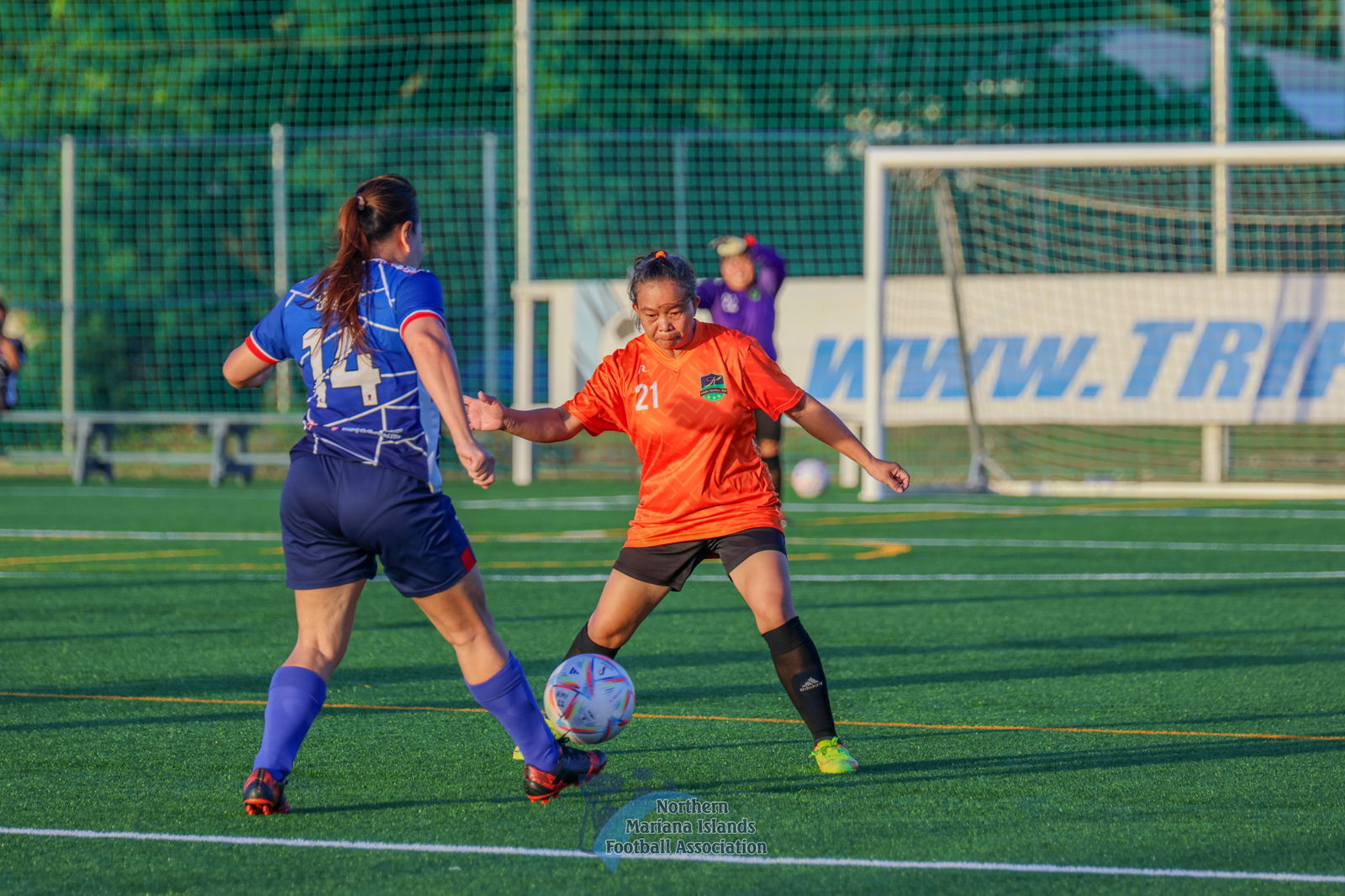 Kanoa Football Club's Udui Dee attempts to intercept the possession during a game against Shirley's Football Club in the novice division of the Dove Women's League Fall 2023 at the NMI Soccer Training Center in Koblerville.