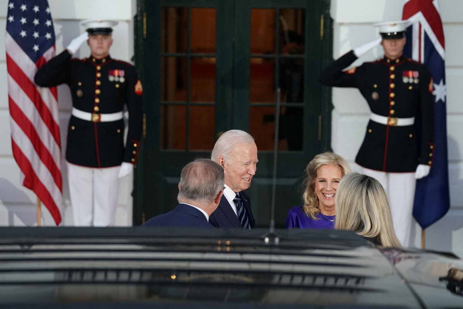 U.S. President Joe Biden and first lady Jill Biden welcome Australian Prime Minister Anthony Albanese and his partner Jodie Haydon to the White House ahead of an official state visit at the White House in Washington, D.C., U.S., October 24, 2023. 