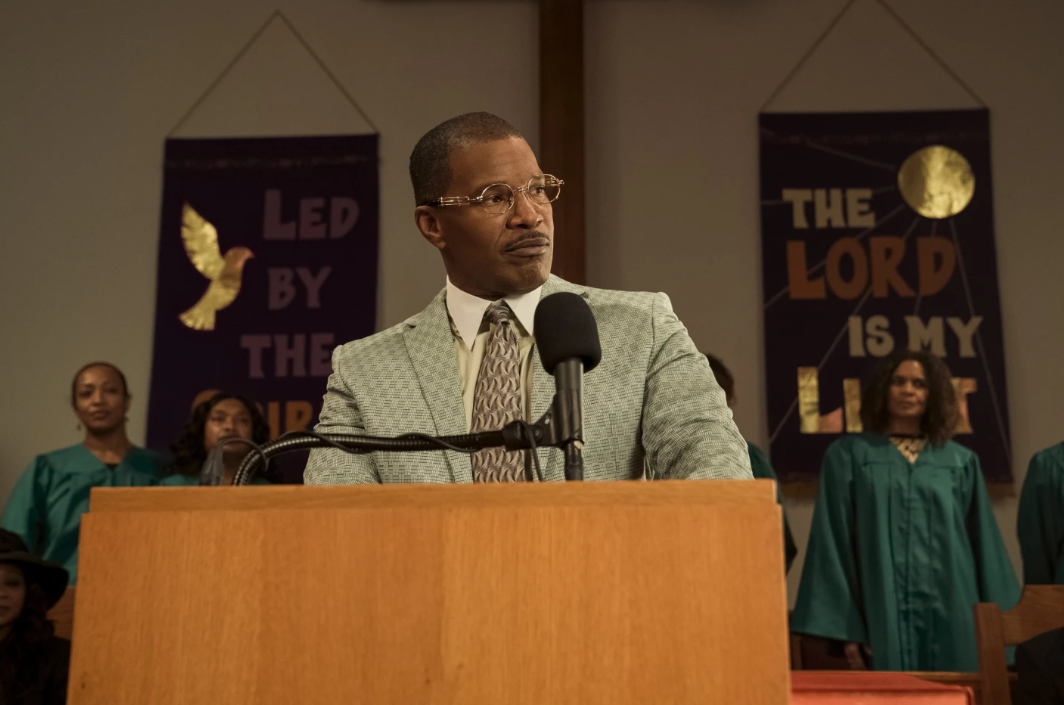 This image released by Amazon Prime Video shows Jamie Foxx in a scene from “The Burial.”