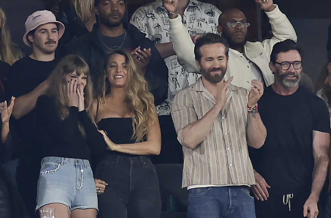 From left, Taylor Swift, Blake Lively, Ryan Reynolds and Hugh Jackman react during the first quarter of an NFL football game between the New York Jets and the Kansas City Chiefs, Sunday, Oct. 1, 2023 in East Rutherford, N.J.