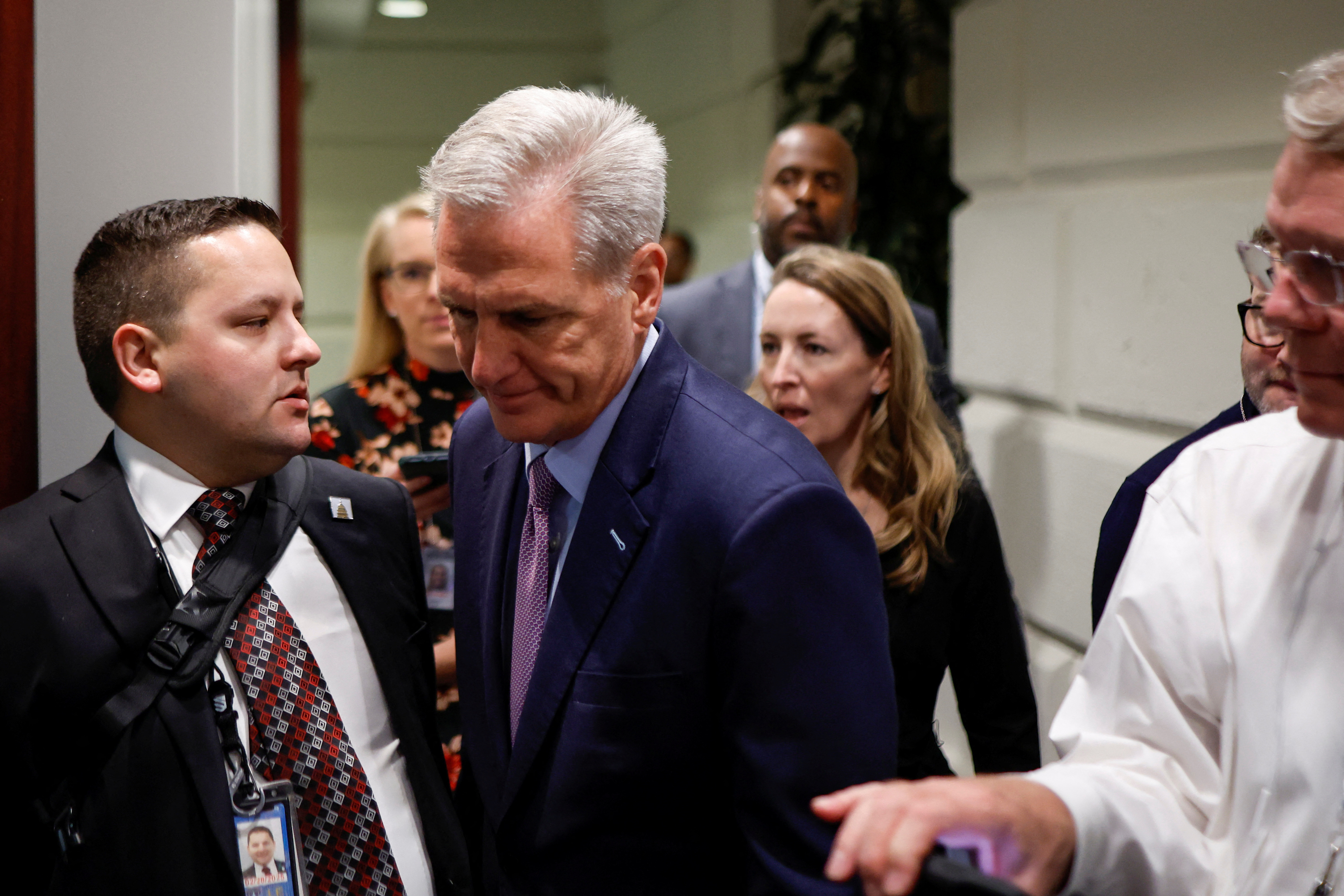 U.S. House Speaker Kevin McCarthy (R-CA) arrives for a House Republican conference meeting, where they are expected to discuss an attempt by Representative Matt Gaetz (R-FL) to oust him from the speakership, at the U.S. Capitol in Washington, U.S. October 3, 2023. REUTERS/Jonathan Ernst