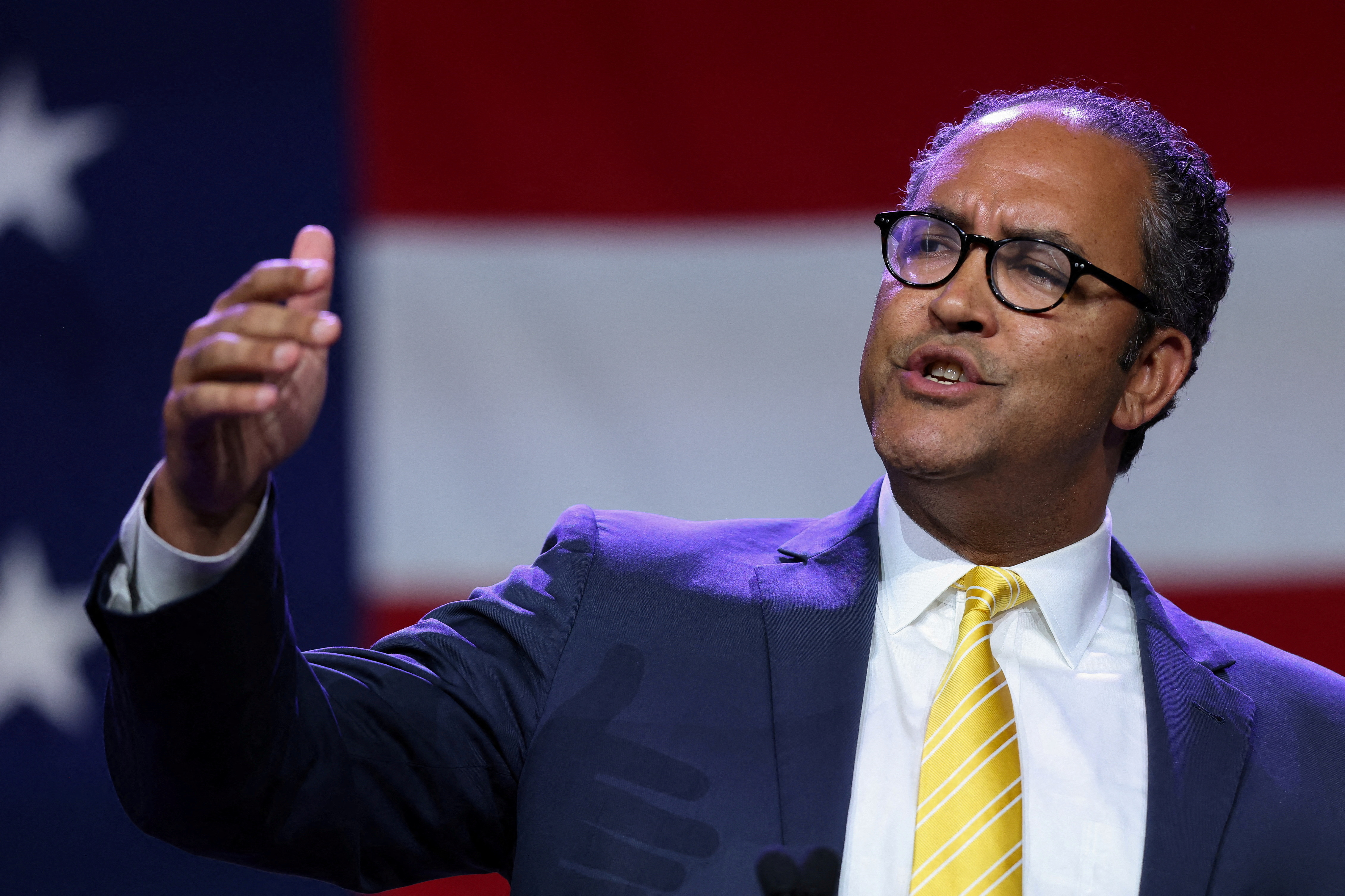 Republican presidential candidate Will Hurd speaks at the Republican Party of Iowa's Lincoln Day Dinner in Des Moines, Iowa, U.S., July 28, 2023. 