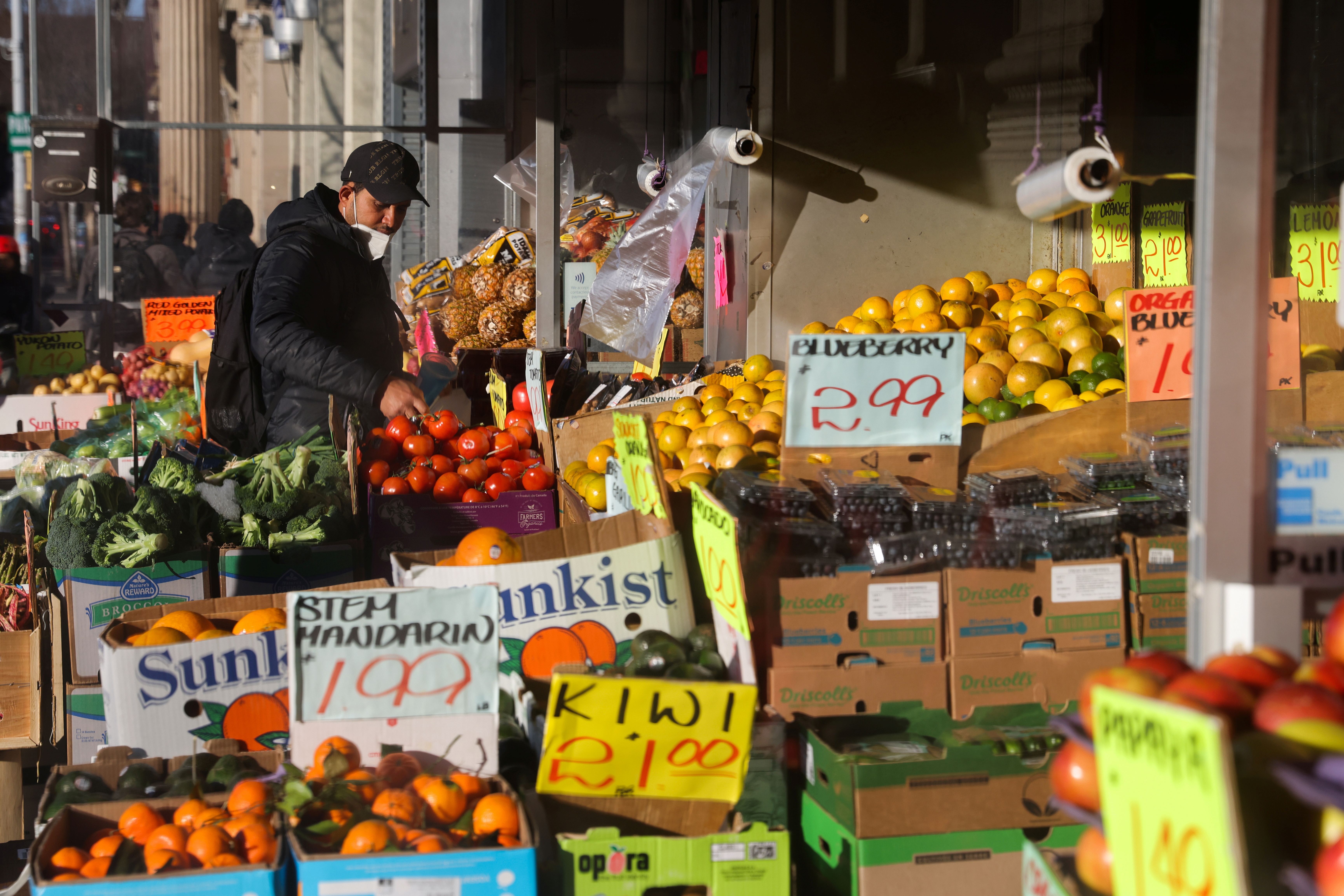 Prices of fruit and vegetables are on display in a store in Brooklyn, New York City, U.S., March 29, 2022. 