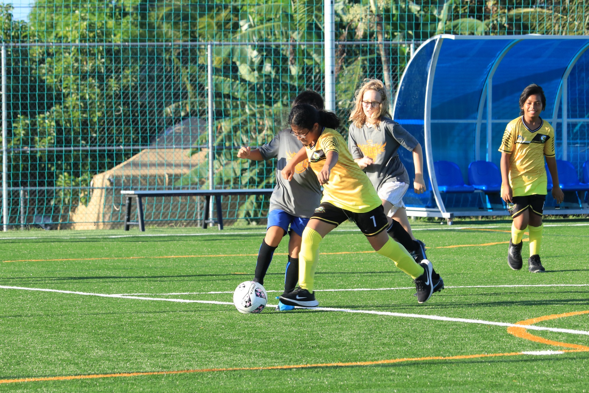San Vicente Elementary School's Bryanna Sablan intercepts the possession during a game against Saipan Community School in the elementary school division of the NMIFA-PSS Interscholastic Soccer League SY23-24 Monday at the NMI Soccer Training Center in Koblerville.