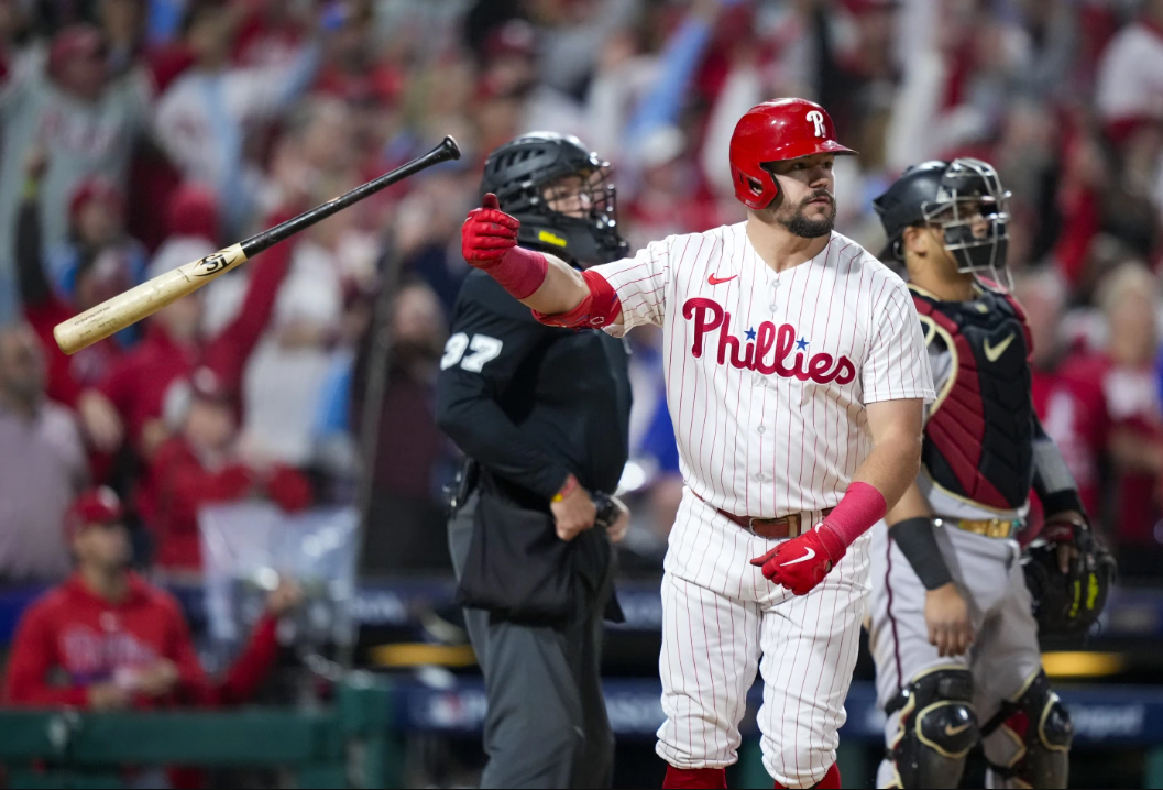 Philadelphia Phillies’ Kyle Schwarber celebrates after a home run against the Arizona Diamondbacks during the sixth inning in Game 2 of the NL Championship Series in Philadelphia, Tuesday, Oct. 17, 2023.