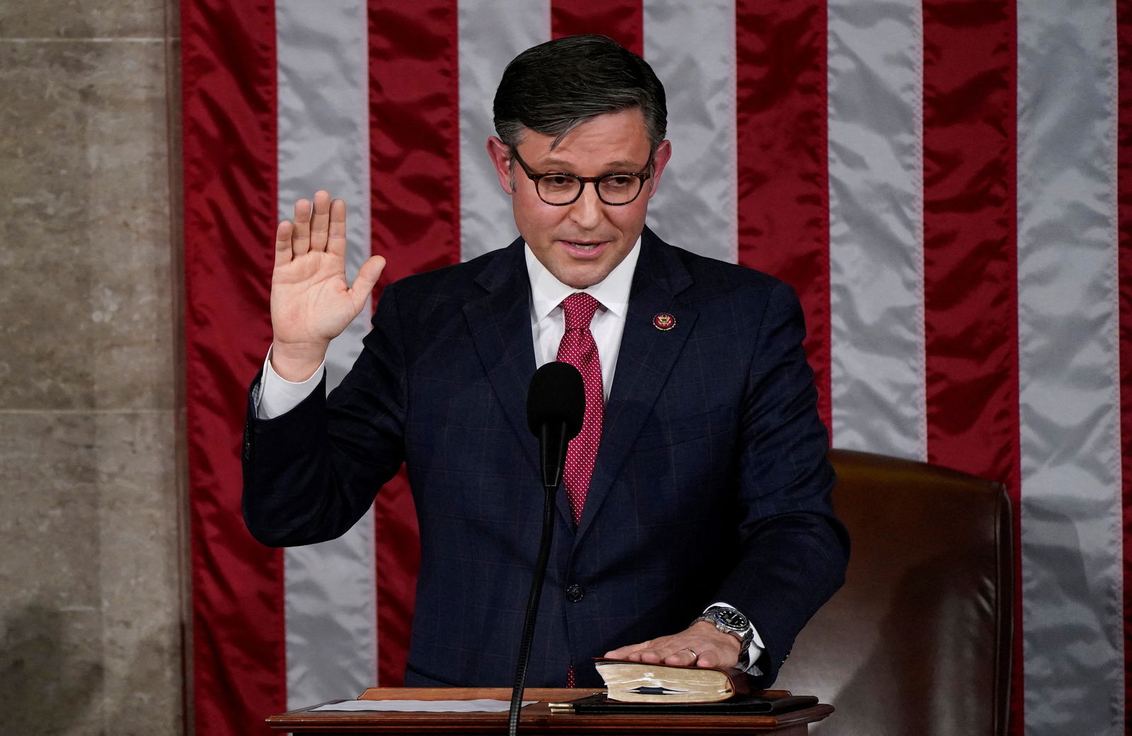 Newly elected Speaker of the House Mike Johnson (R-LA) takes his oath of office after he was elected to be the new Speaker at the U.S. Capitol in Washington, U.S., October 25, 2023.