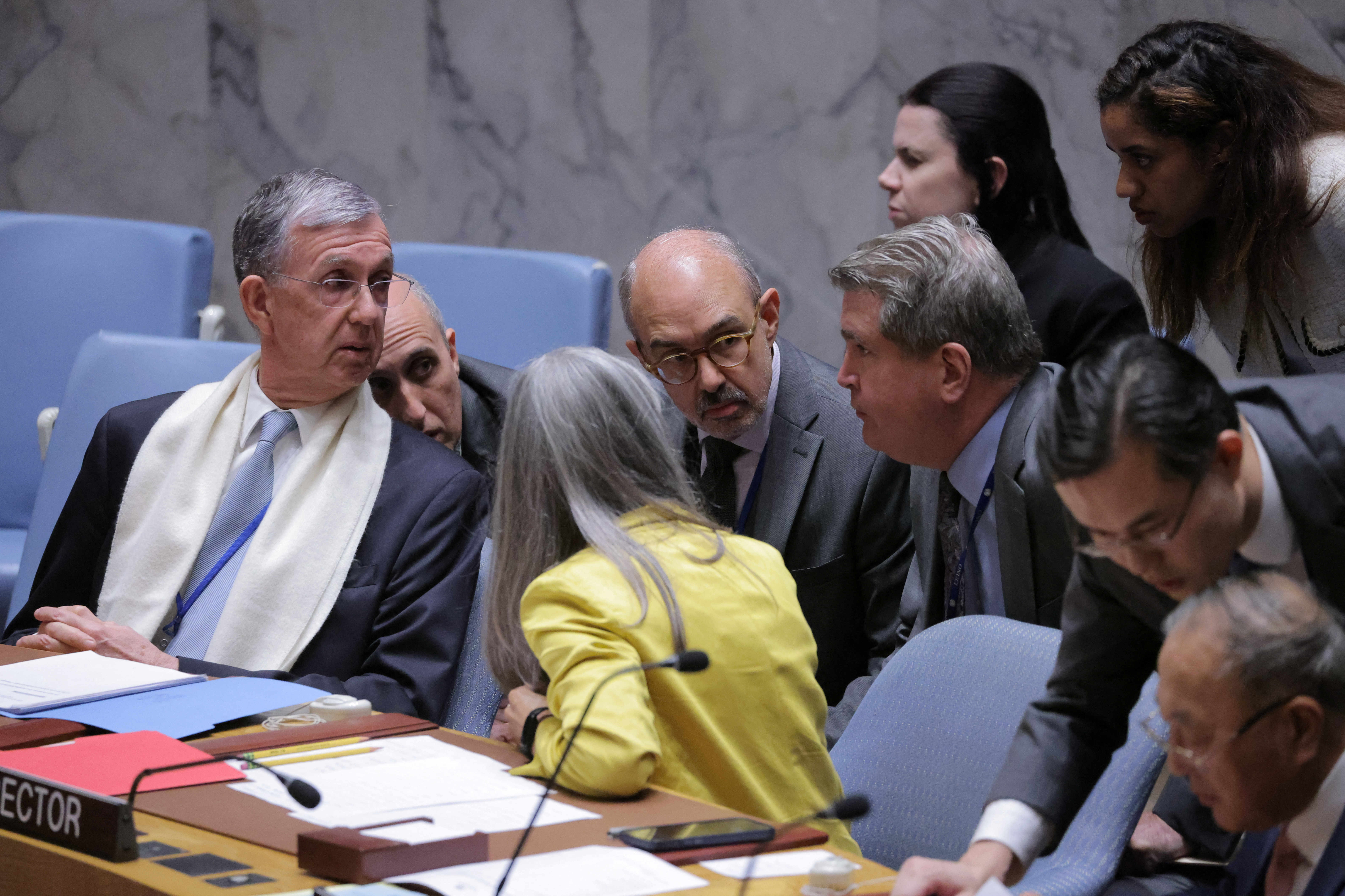 Security Council President and Brazilian Ambassador Sergio Franca Danese speaks to his delegation ahead of a meeting of the United Nations Security Council on the conflict between Israel and Hamas at U.N. headquarters in New York, U.S., October 16, 2023. 