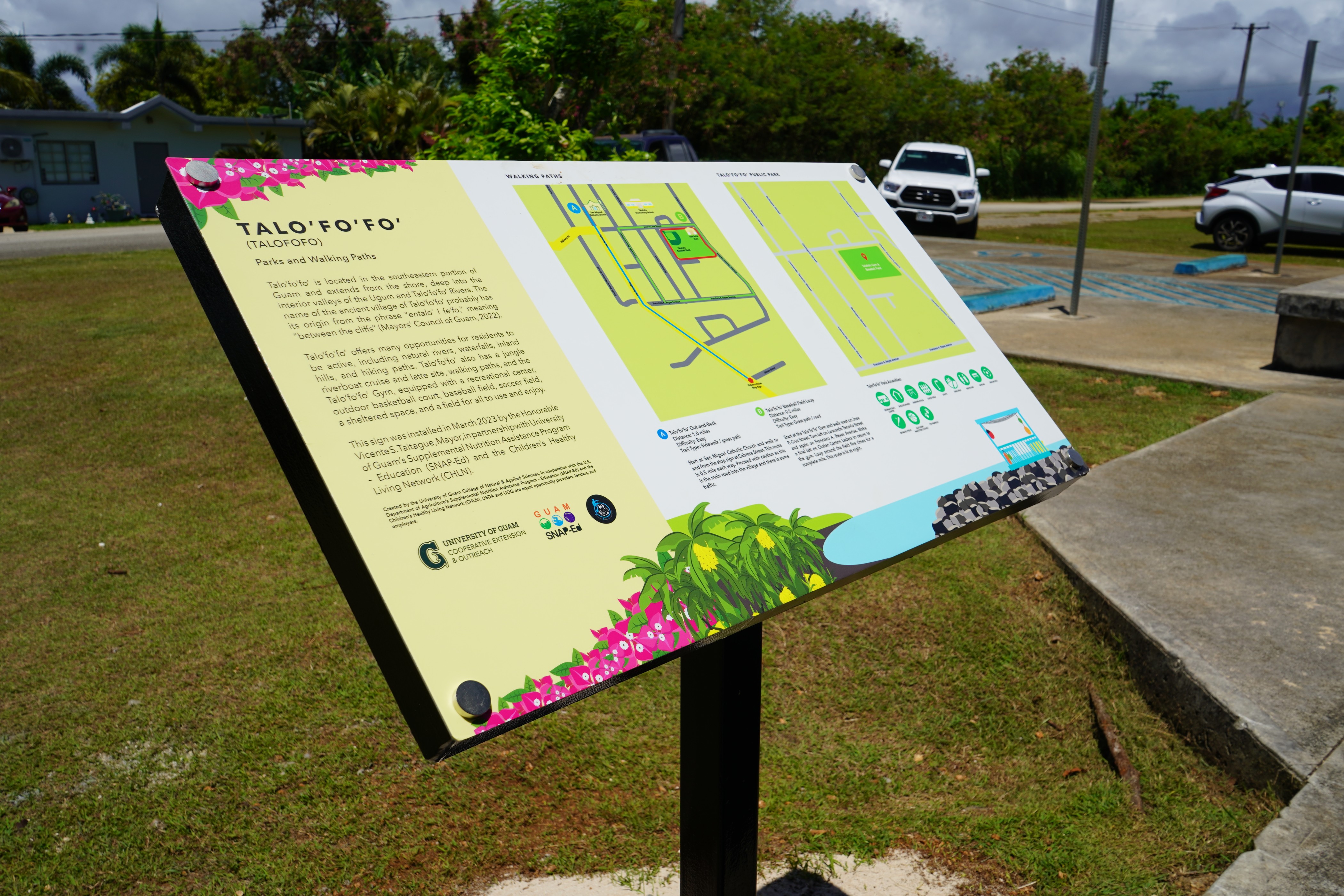A newly installed sign at the Talo’fo’fo’ Baseball Field shows several walking routes and public park amenities that residents can utilize in the area. The sign, created by the Community Nutrition Education Program and Children’s Healthy Living Program at the University of Guam and installed by the Talo’fo’fo’ Mayor’s Office, aims to help residents find convenient areas to be active and improve their health.