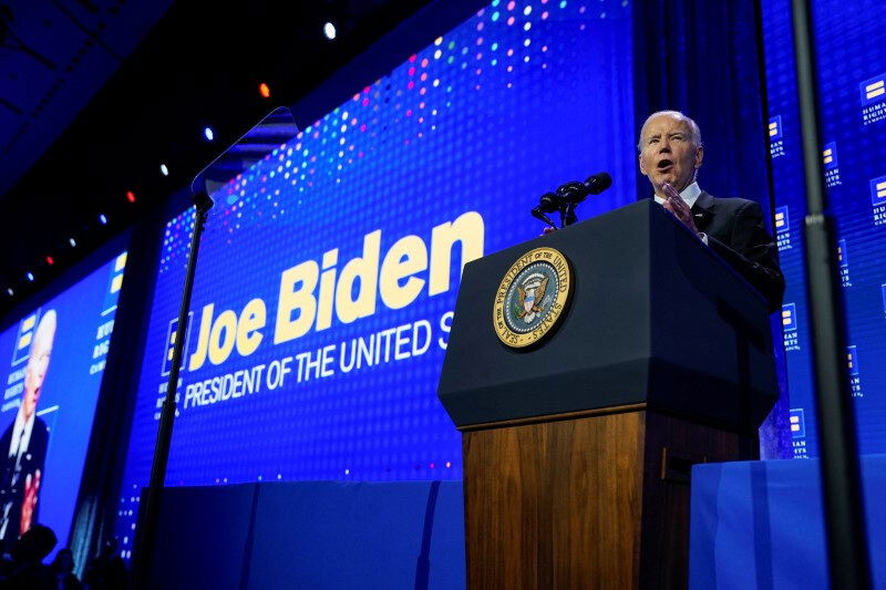 U.S. President Joe Biden speaks at a dinner hosted by the Human Rights Campaign at the Washington Convention Center in Washington, U.S., October 14, 2023. 