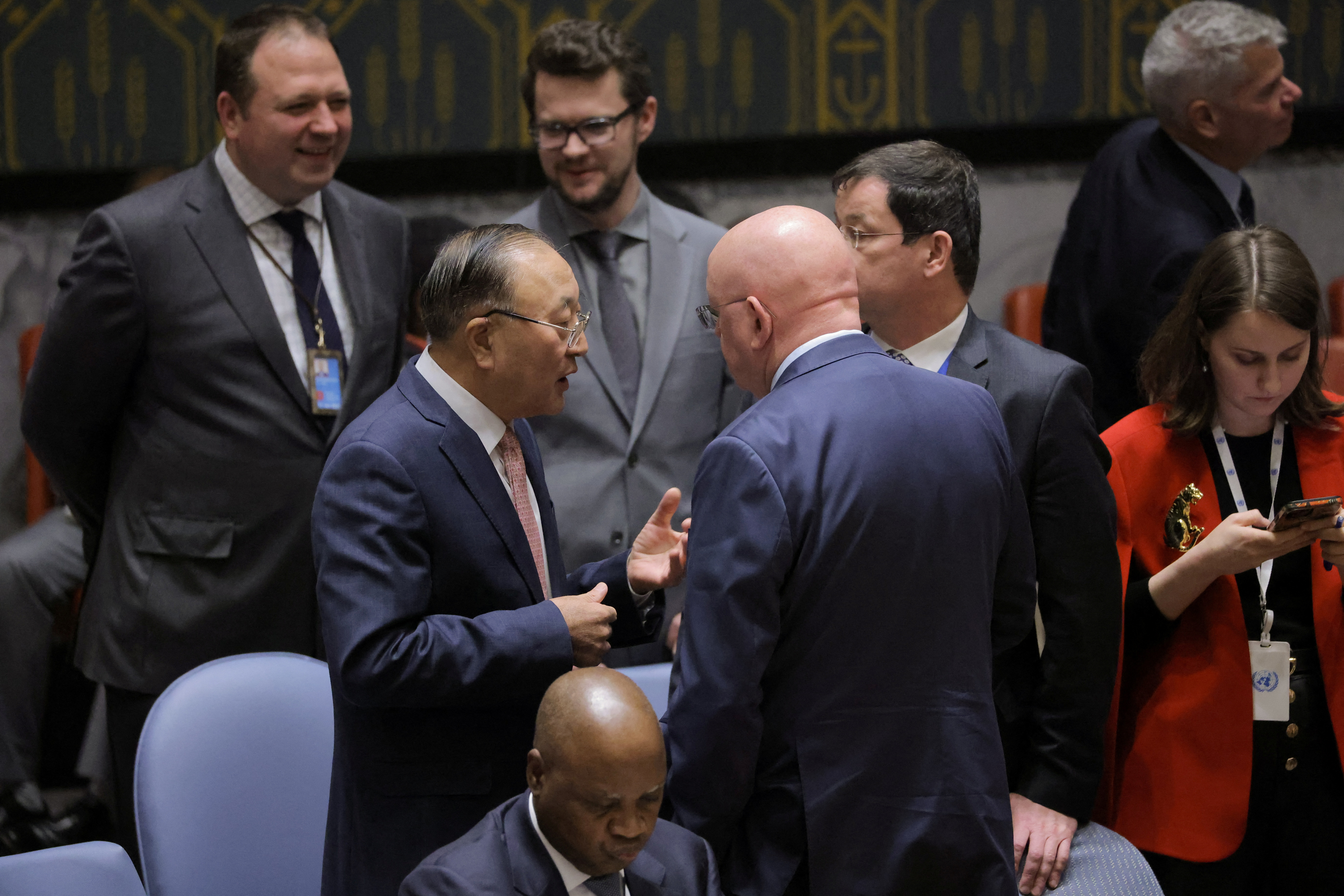 Chinese Ambassador to the U.N. Zhang Jun and Russian Ambassador to the U.N. Vassily Nebenzia speak ahead of a meeting of the United Nations Security Council on the conflict between Israel and Hamas at U.N. headquarters in New York, U.S., October 16, 2023. 