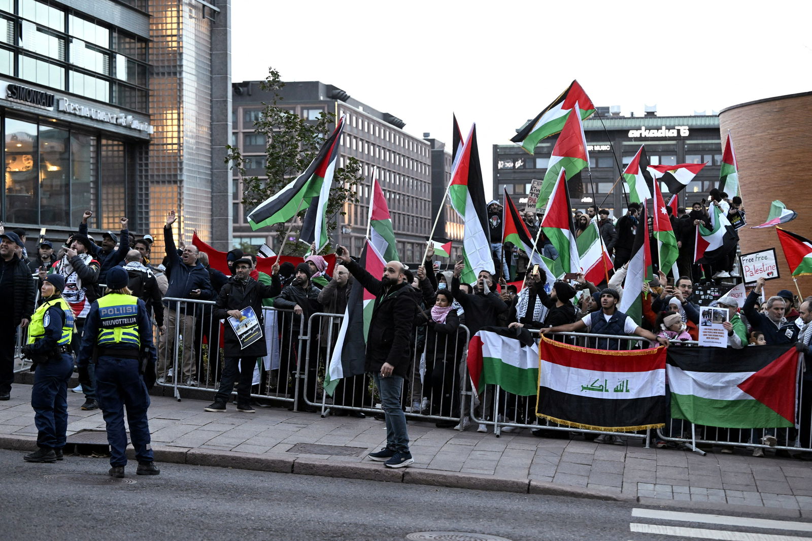 People demonstrate in support of Palestinian civilians amid Israeli air strikes on Gaza in reprisal for a surprise Hamas attack, at the Israeli embassy in Helsinki, Finland October 13, 2023 in support of Palestinian civilians amid Israeli air strikes on Gaza in reprisal for a surprise Hamas attack. Lehtikuva/Emmi Korhonen via REUTERS