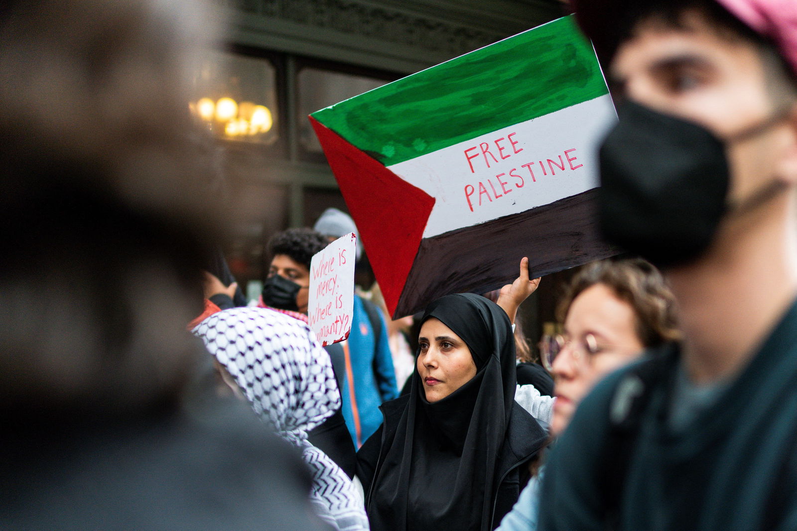 People attend a demonstration to express solidarity with Palestinians in Gaza, amid the ongoing conflict between Israel and the Palestinian Islamist group Hamas, in New York City, U.S., October 18, 2023. 