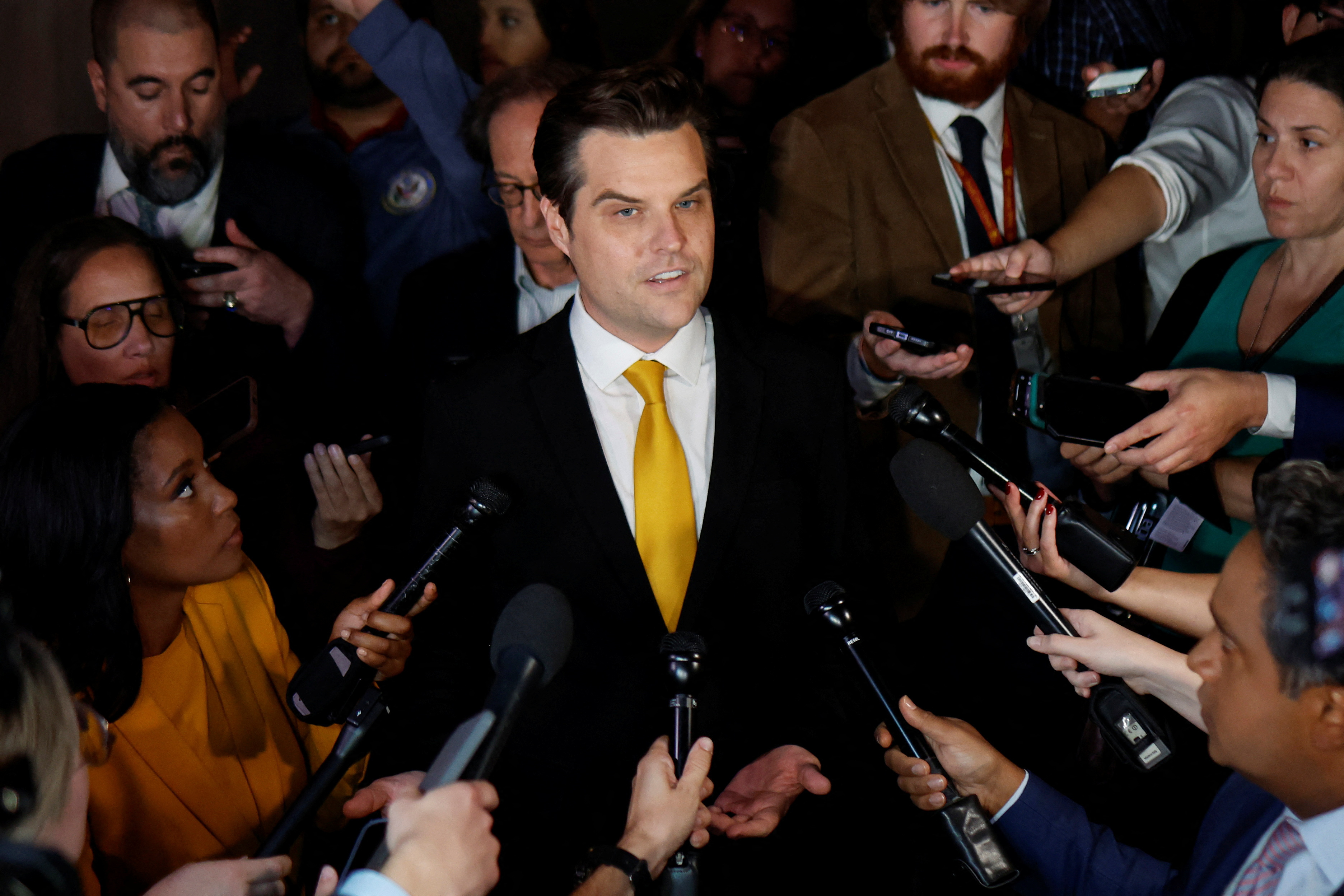 U.S. Representative Matt Gaetz (R-FL) speaks with reporters after filing a motion to vacate —an attempt to oust House Speaker Kevin McCarthy (R-CA)— as he departs the U.S. Capitol in Washington, U.S. October 2, 2023. 