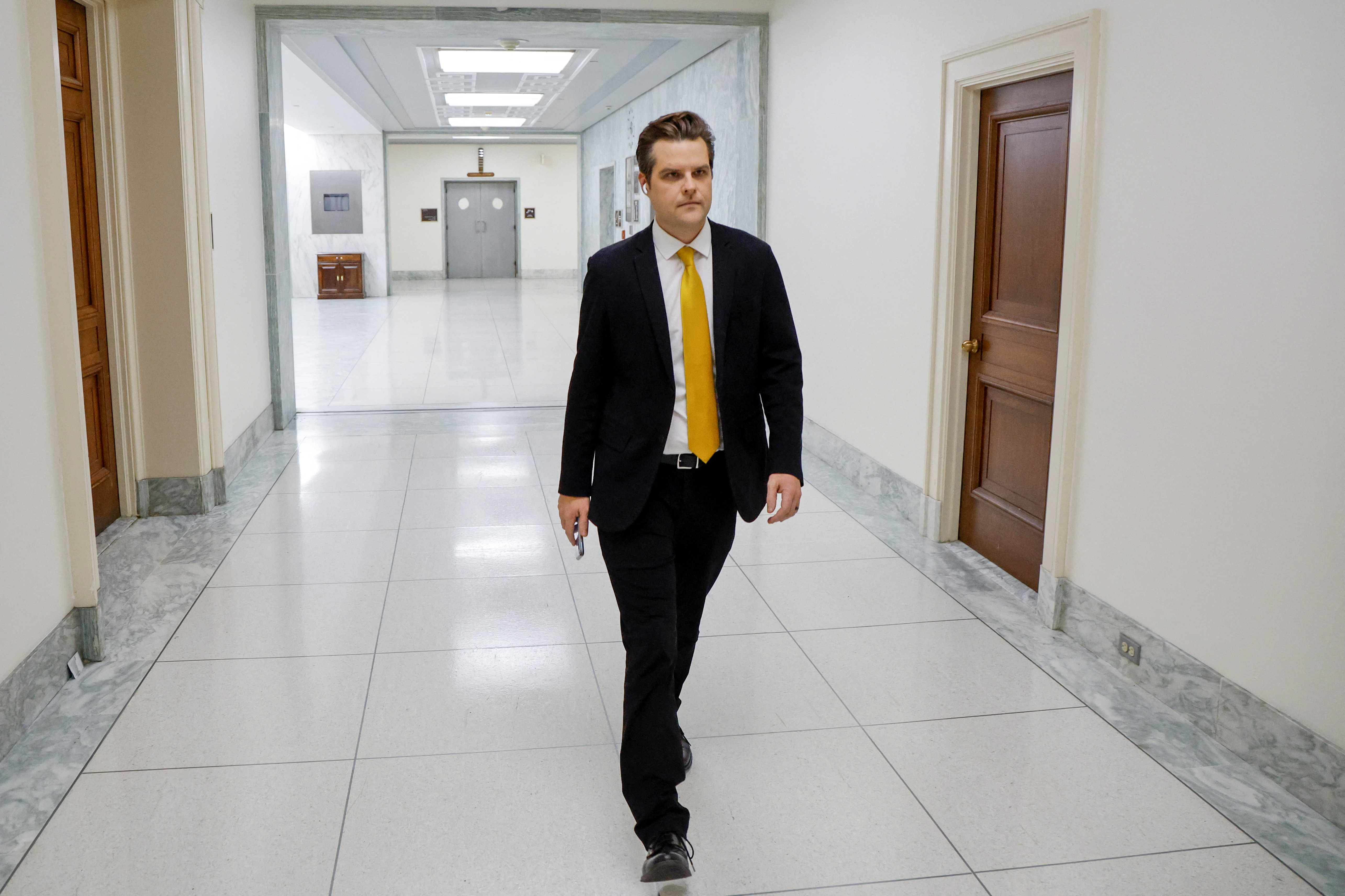 U.S. Representative Matt Gaetz (R-FL), who has said he could try to oust House Speaker Kevin McCarthy (R-CA) this week, departs his office on Capitol Hill in Washington, U.S. October 2, 2023. 