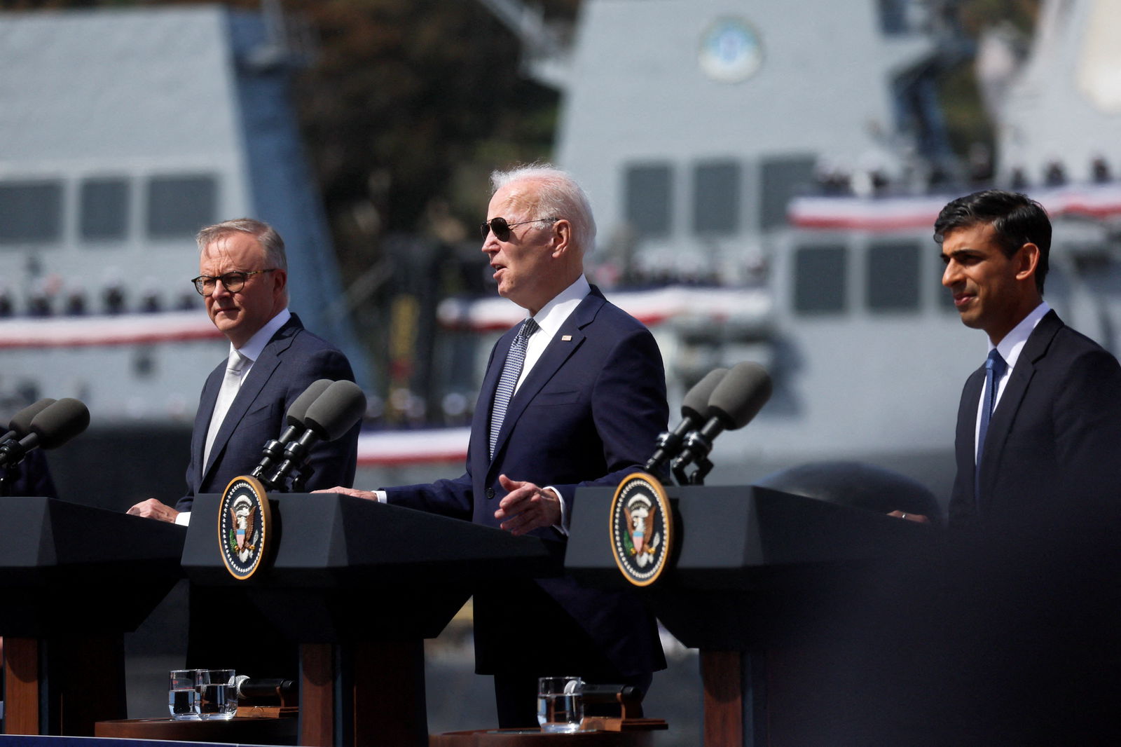U.S. President Joe Biden, Australian Prime Minister Anthony Albanese and British Prime Minister Rishi Sunak deliver remarks on the Australia - United Kingdom - U.S. (AUKUS) partnership, after a trilateral meeting, at Naval Base Point Loma in San Diego, California U.S. March 13, 2023. 