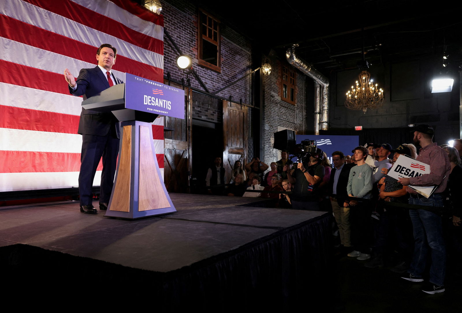 Florida Governor and U.S. Presidential candidate Ron DeSantis speaks during a rally, as Iowa Governor Kim Reynolds (not pictured) endorses DeSantis's bid to be the Republican nominee in the 2024 presidential race, in Des Moines, Iowa, U.S. November 6, 2023. 