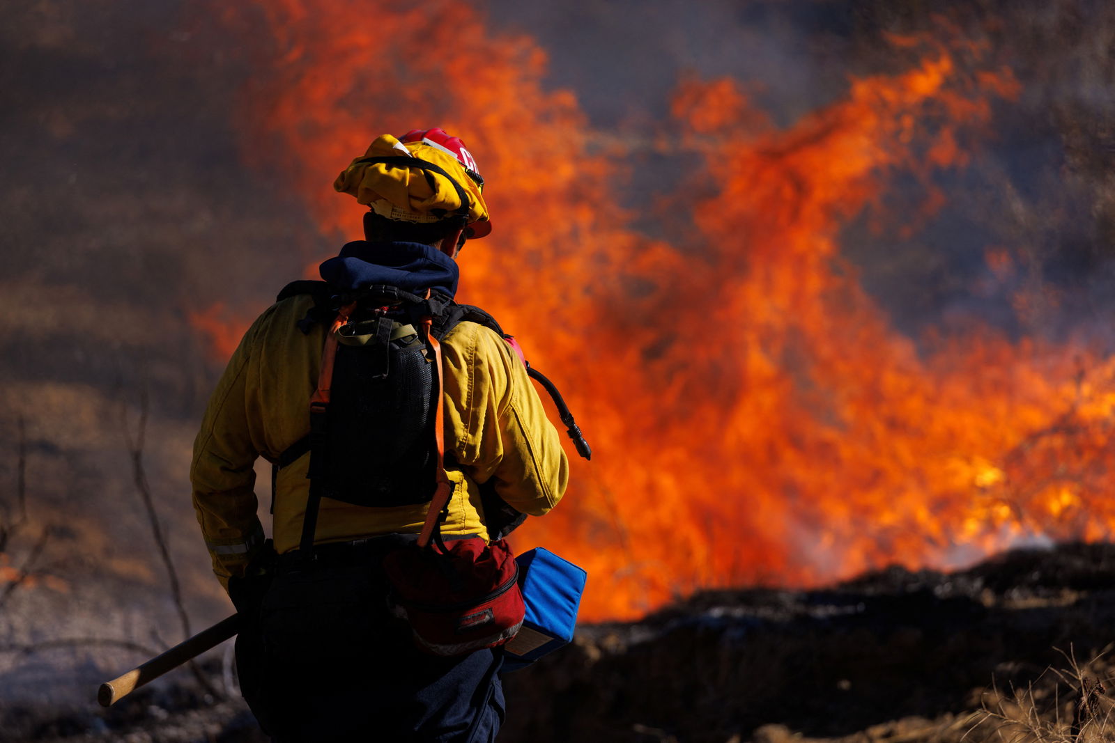 Firefighters battle the Highland Fire, a wind- driven wildfire near Aguanga, California, U.S.,October 31, 2023.