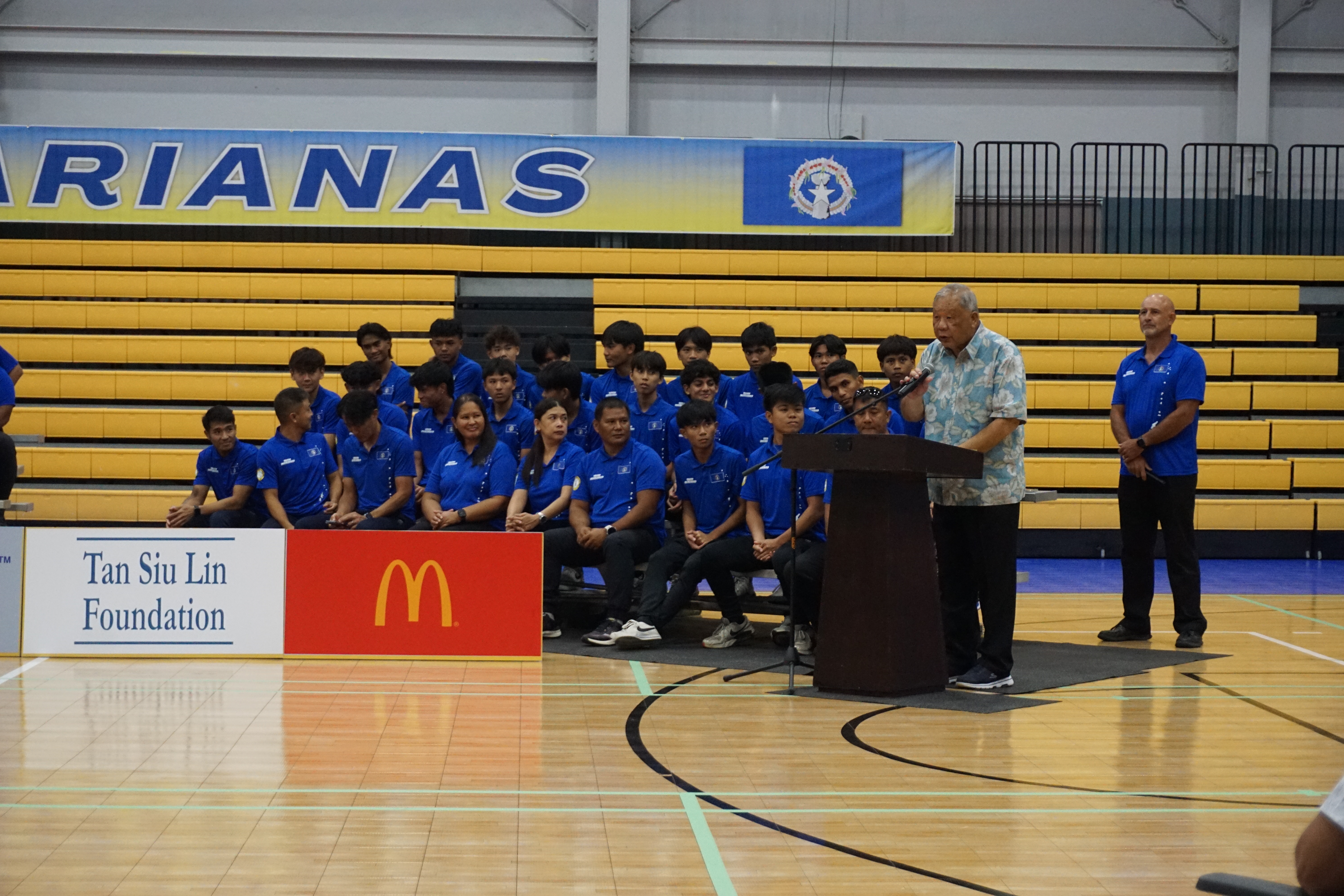 Lt. Gov. David M. Apatang shares a few words with the local athletes headed to the 2023 Pacific Games in Honiara, the Solomon Islands.