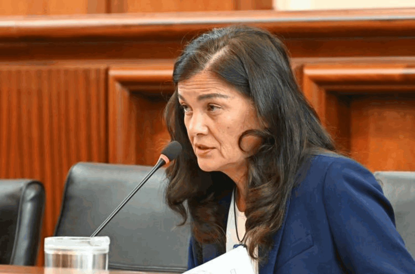 Speaker Therese Terlaje asks questions of the Guam Ancestral Lands Commission regarding Bill 184-37, Wednesday, Nov. 1, 2023, in the Guam Congress Building Public Hearing Room in Hagåtña. 