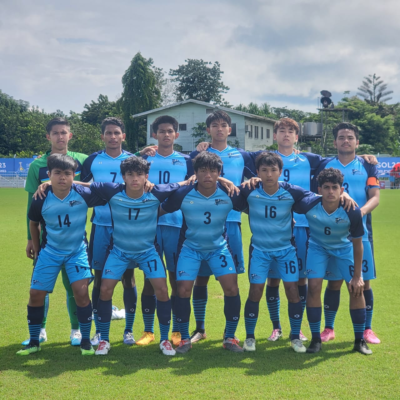 The NMI Men’s National Team starting 11 pose for a photo before their game against American Samoa Monday morning. The NMI cruised to a 4-0 victory.