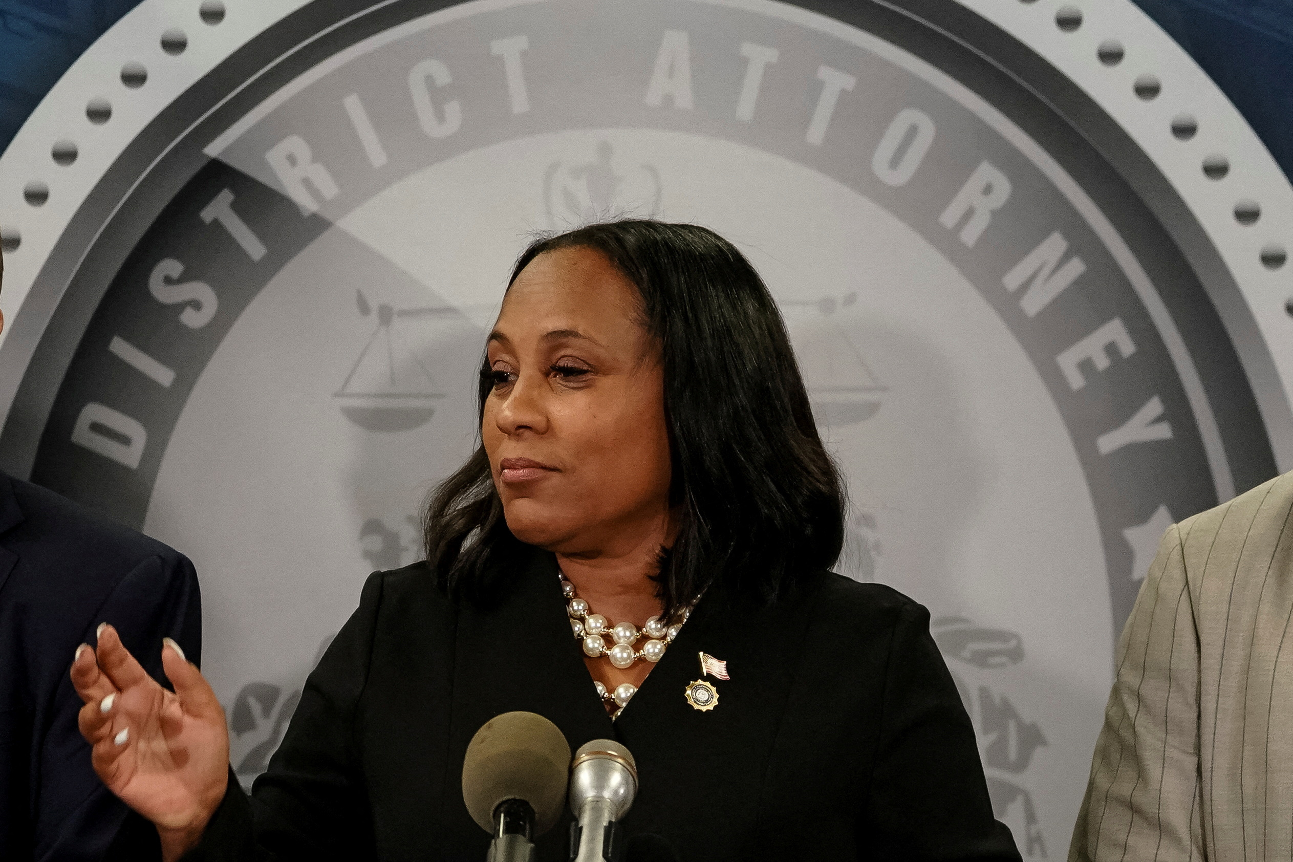 Fulton County District Attorney Fani Willis speaks to the media after a Grand Jury brought back indictments against former president Donald Trump and 18 of his allies in their attempt to overturn the state's 2020 election results, in Atlanta, Georgia, U.S. August 14, 2023. 