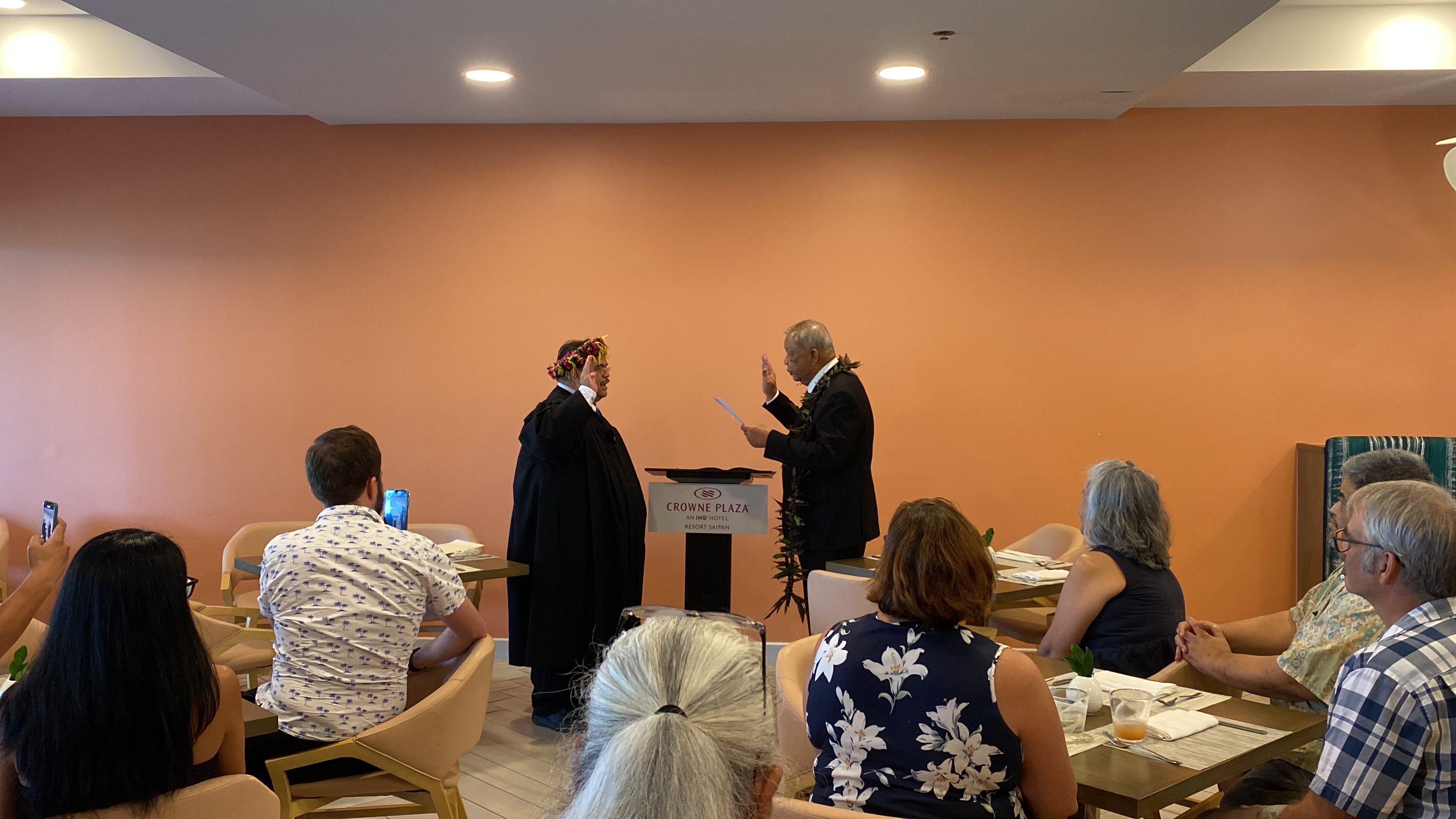 Judge Joseph Camacho is sworn in by Lt. Gov. David M. Apatang at Crowne Plaza Resort on Friday, Nov. 10, 2023.