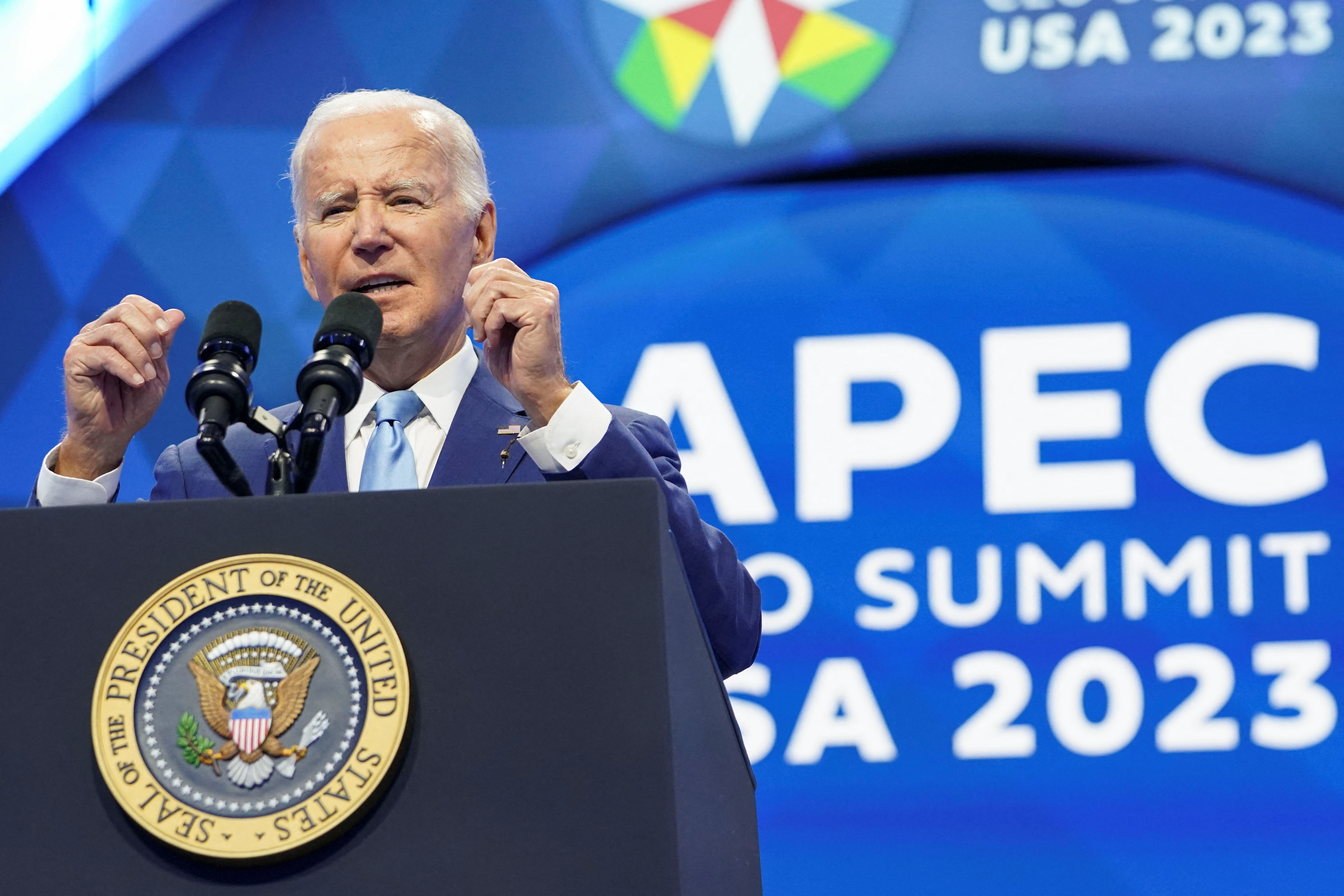 U.S. President Joe Biden delivers remarks at the Asia-Pacific Economic Cooperation (APEC) summit in San Francisco, California, U.S., November 16, 2023. 