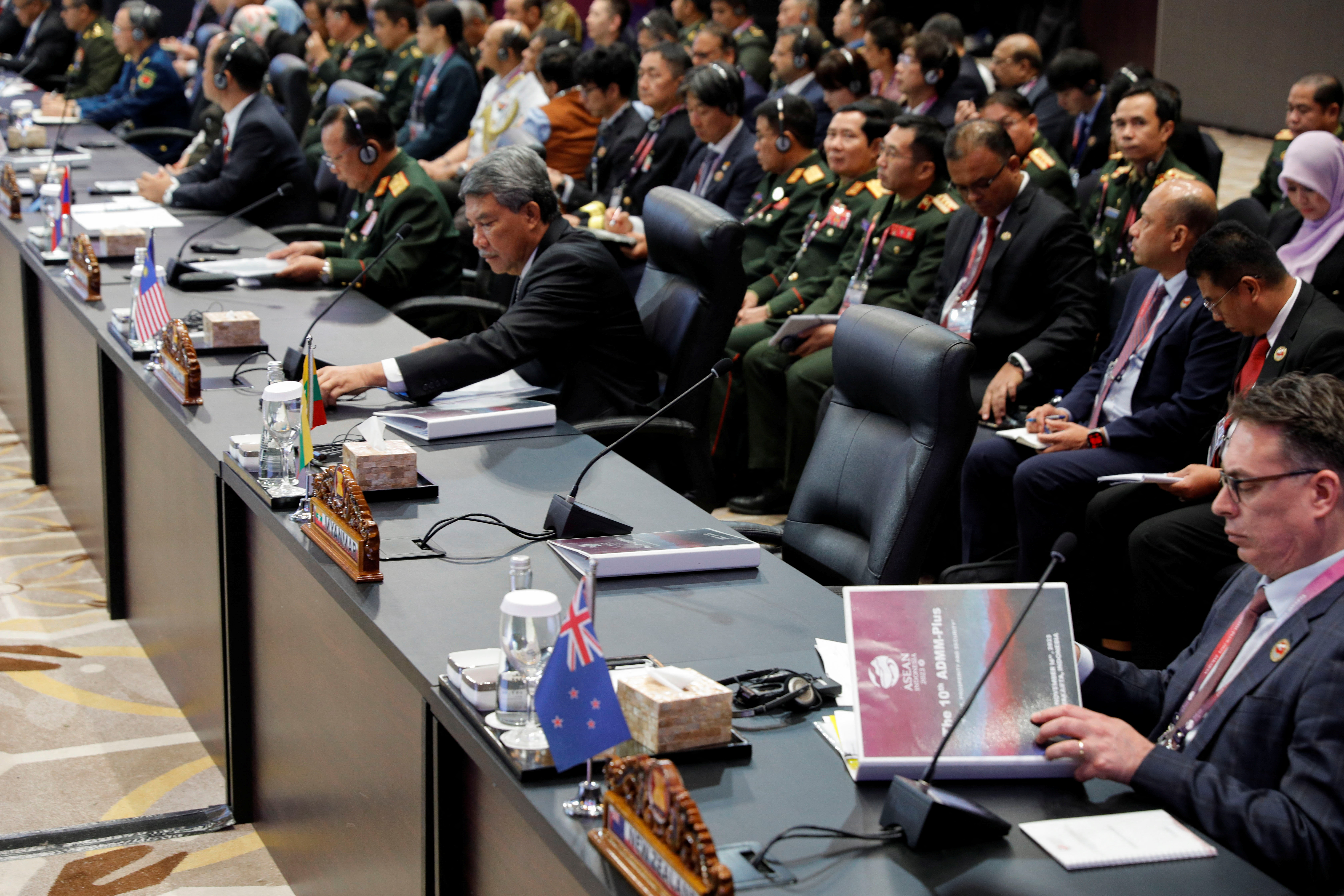 The seat reserved for the head of the delegation of Myanmar is left empty during the 10th Association of Southeast Asian Nations (ASEAN) Defense Ministers' Meeting - Plus in Jakarta, Indonesia, November 16, 2023. 