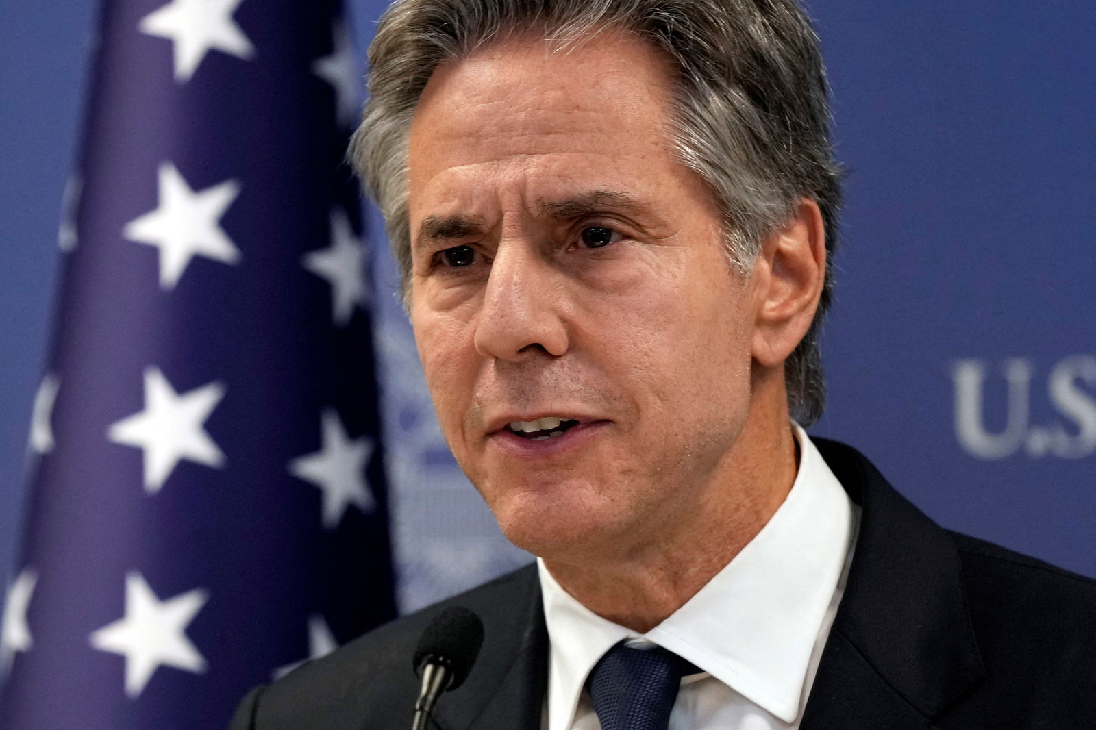 U.S. Secretary of State Antony Blinken speaks in Tel Aviv, Tuesday Oct. 17, 2023, after an overnight meeting with Israeli Prime Minister Benjamin Netanyahu. 