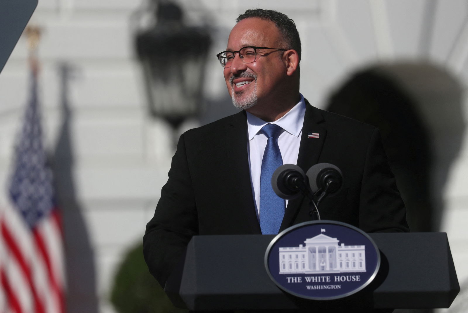 Education Secretary Miguel Cardona delivers remarks to honor the Council of Chief State School Officers' 2020 and 2021 State and National Teachers of the Year at the White House in Washington, U.S., October 18, 2021. 