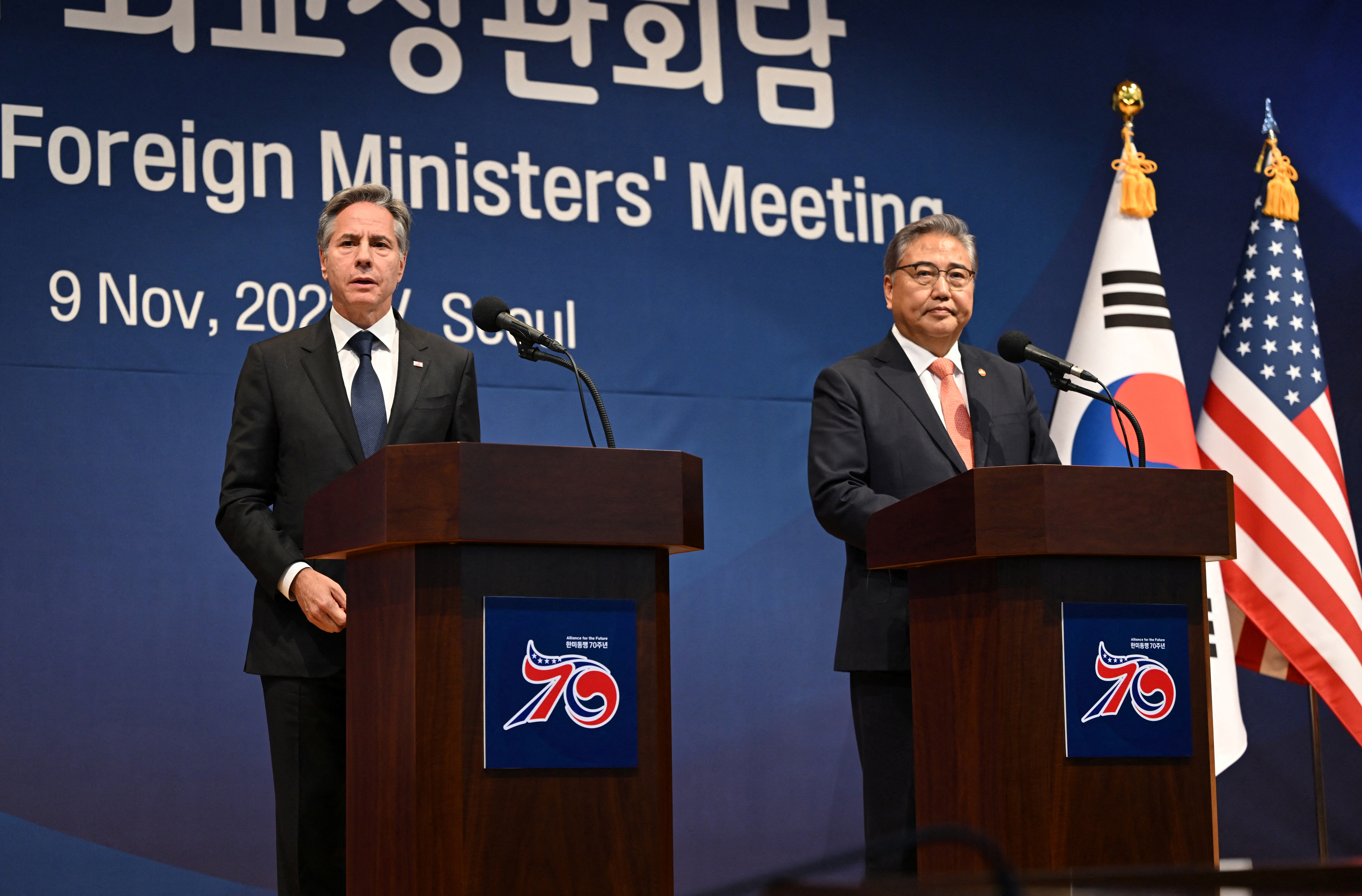 US Secretary of State Antony Blinken and South Korean Foreign Minister Park Jin hold a joint press conference at the Foreign Ministry in Seoul, South Korea on November 9, 2023. 