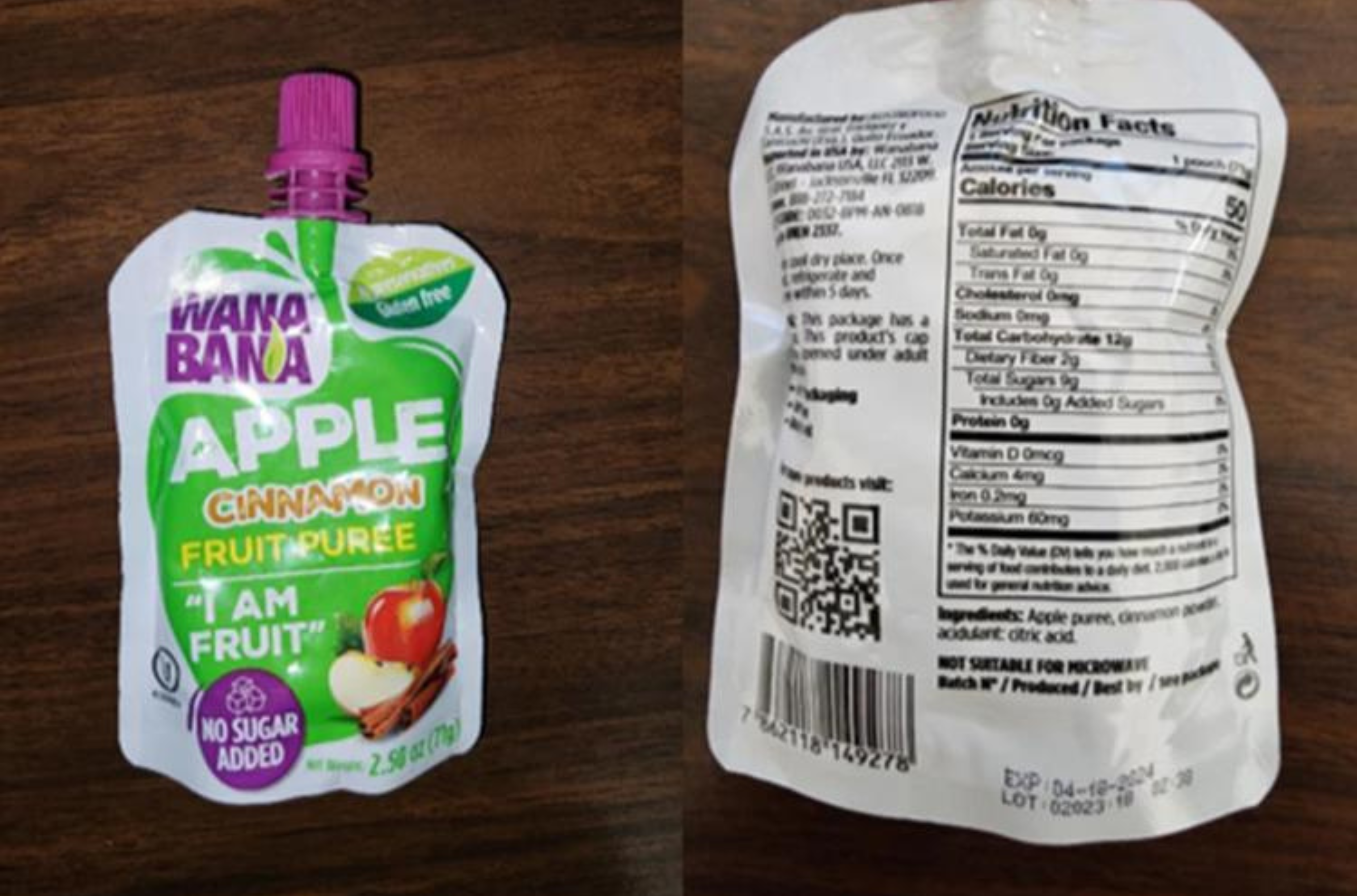 A WanaBana apple cinnamon fruit purée pouch is seen on Oct. 28, 2023. U.S. health officials are warning of possible cases of lead poisoning in children linked to tainted pouches of fruit puree and applesauce. 