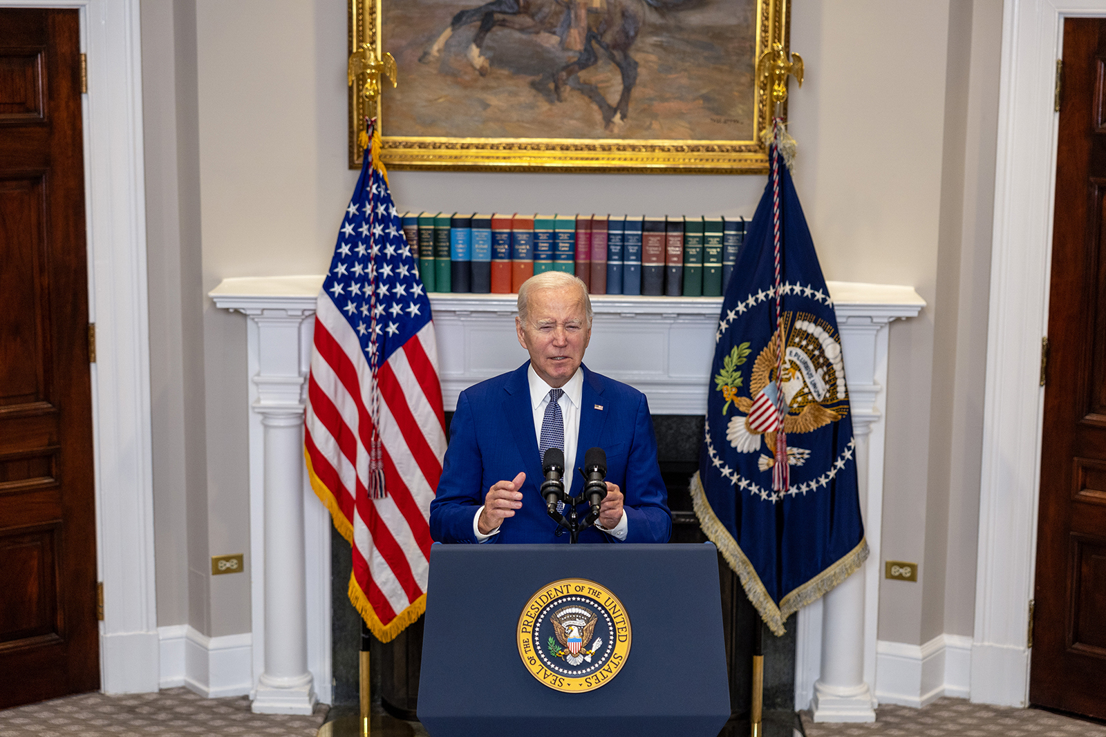 U.S. President Joe Biden delivers remarks in the Roosevelt Room of the White House on Oct. 1, 2023, in Washington, DC. (Tasos Katopodis/Getty Images/TNS)