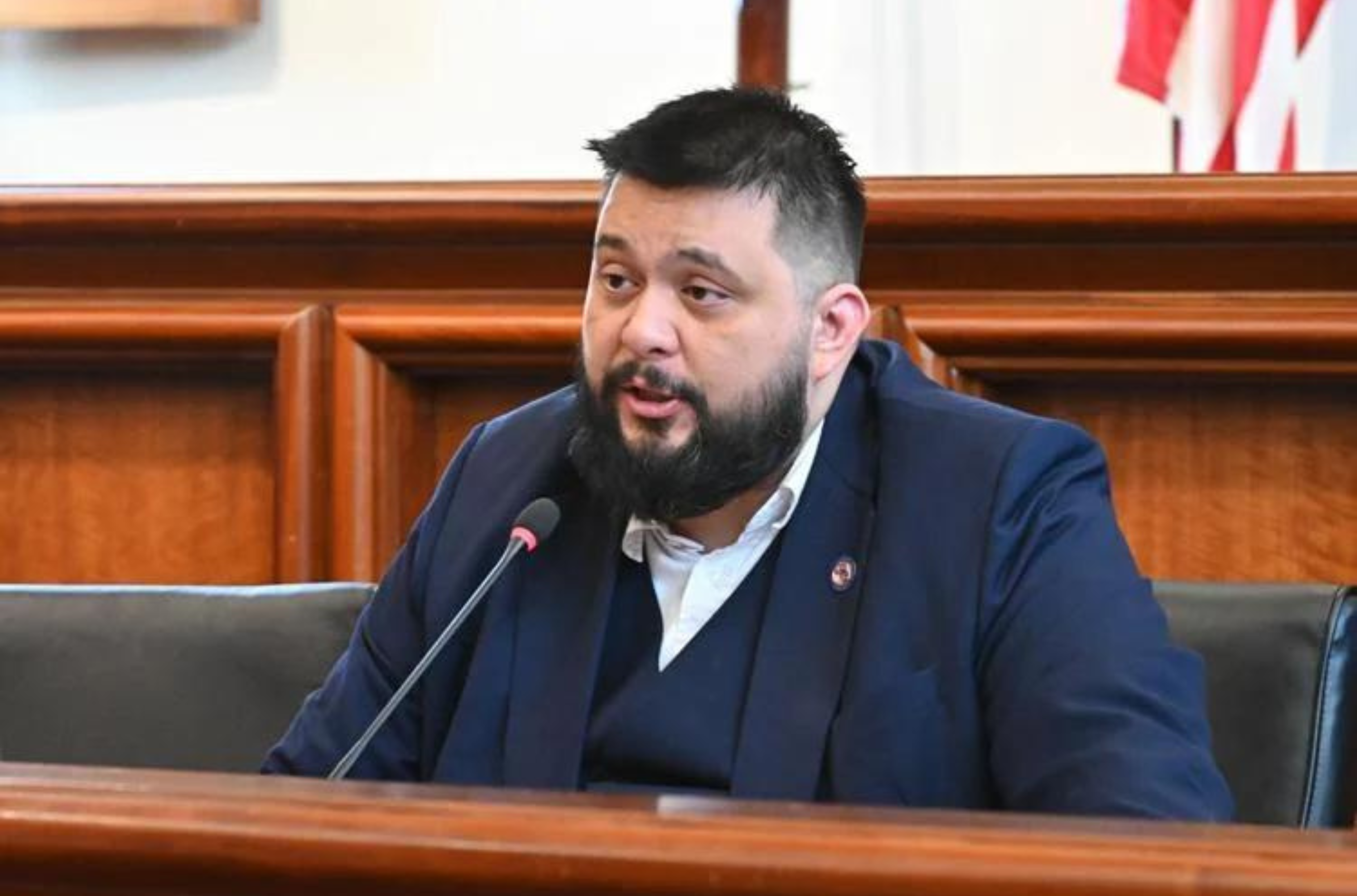Sen. William A. Parkinson holds a hearing on Bill 201-37(COR) which would address issues that Guam Power Authority has been having with a protest that has prevented work on existing diesel generators Wednesday Nov. 22, 2023 in the Public Hearing Room of the Guam Congress Building in Hagåtña. 