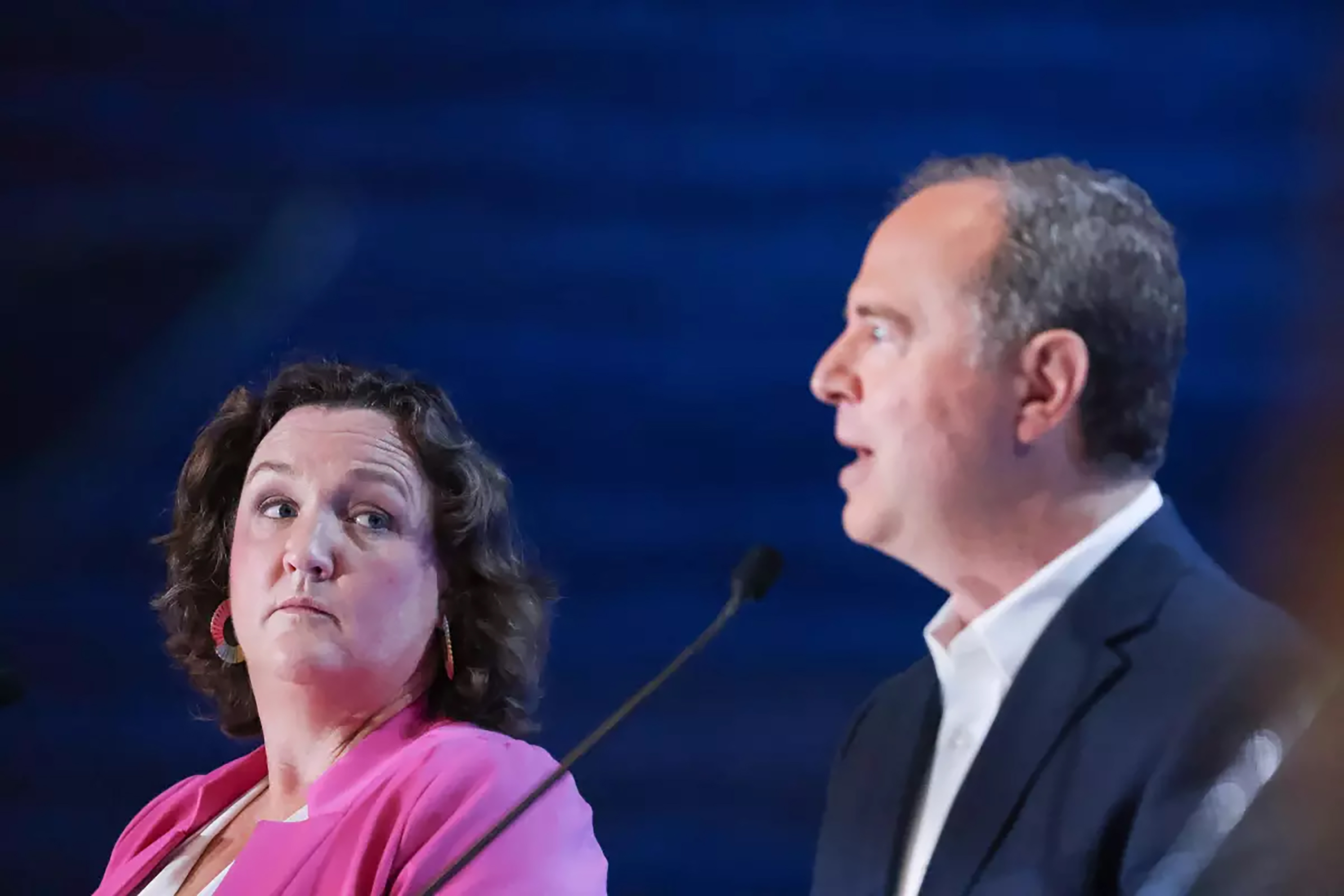 Reps. Katie Porter and Adam B. Schiff take part in a Los Angeles debate last month. (Dania Maxwell/Los Angeles Times/TNS)
