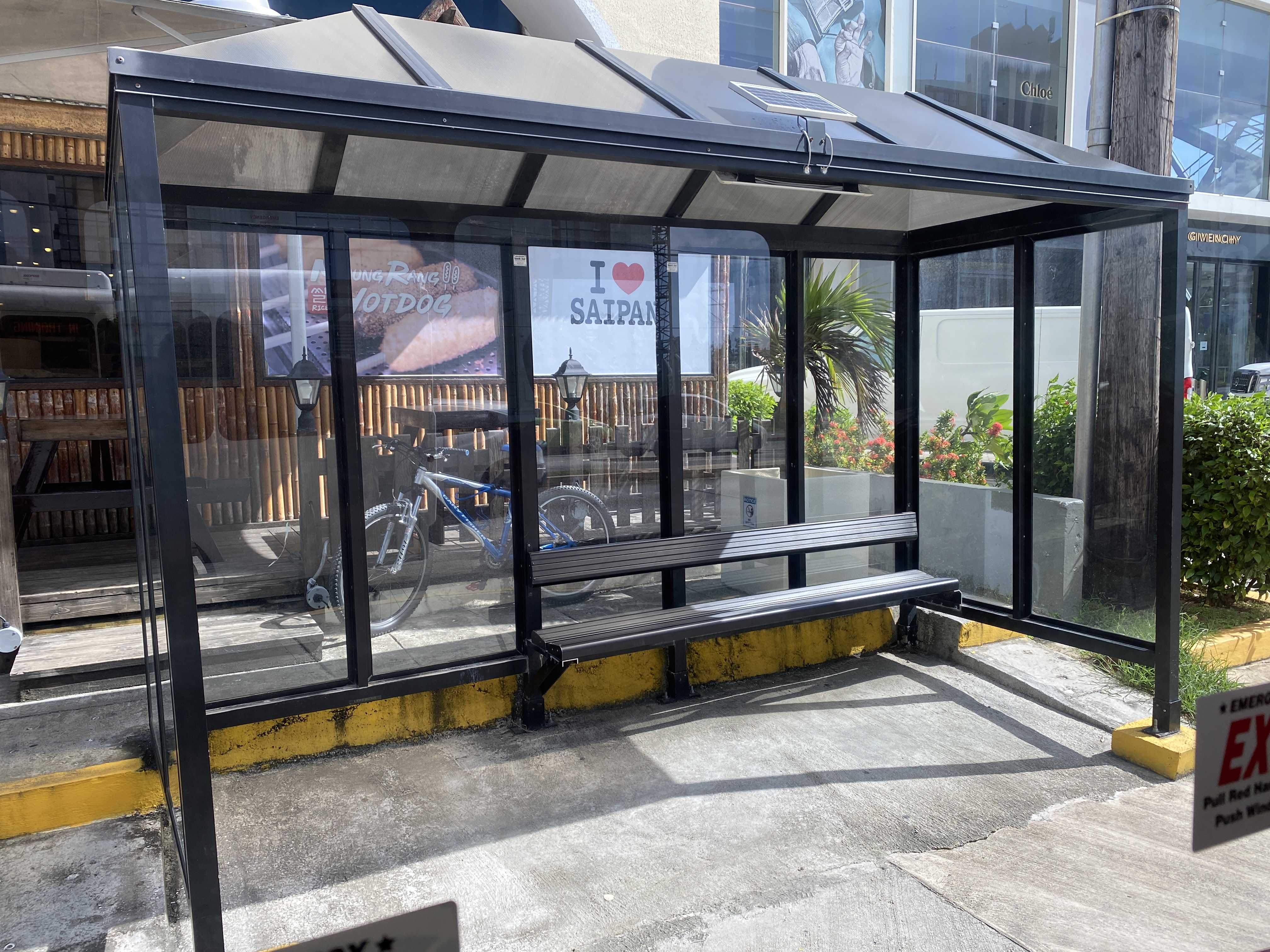 Bus shelters like this one at I Love Saipan will be erected at other sites along the bus route.
