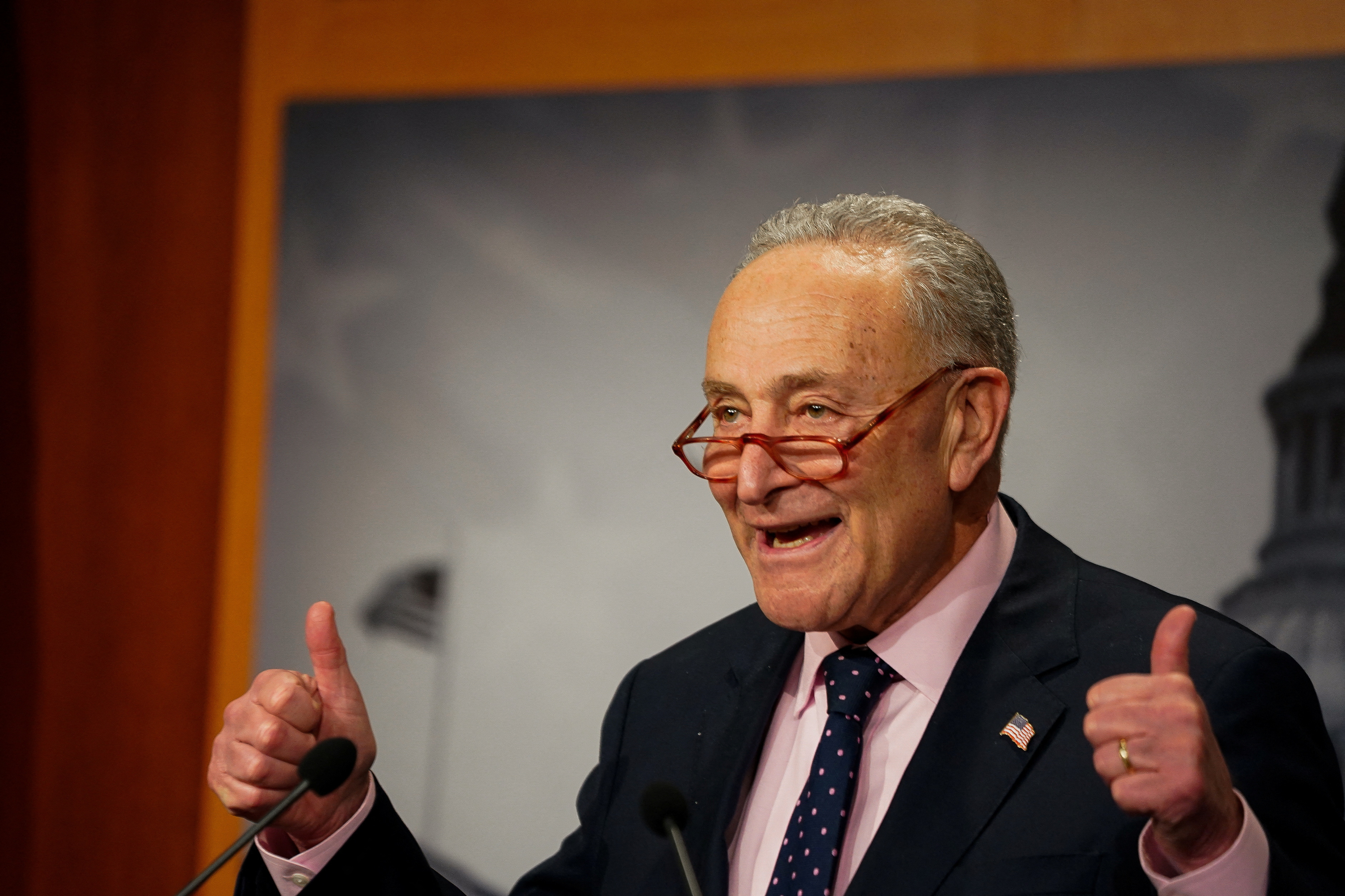 U.S. Senate Majority Leader Chuck Schumer (D-NY) holds a press conference after the Senate passed a continuing resolution to avoid a shutdown of the federal government, in Washington, U.S., November 15, 2023. 