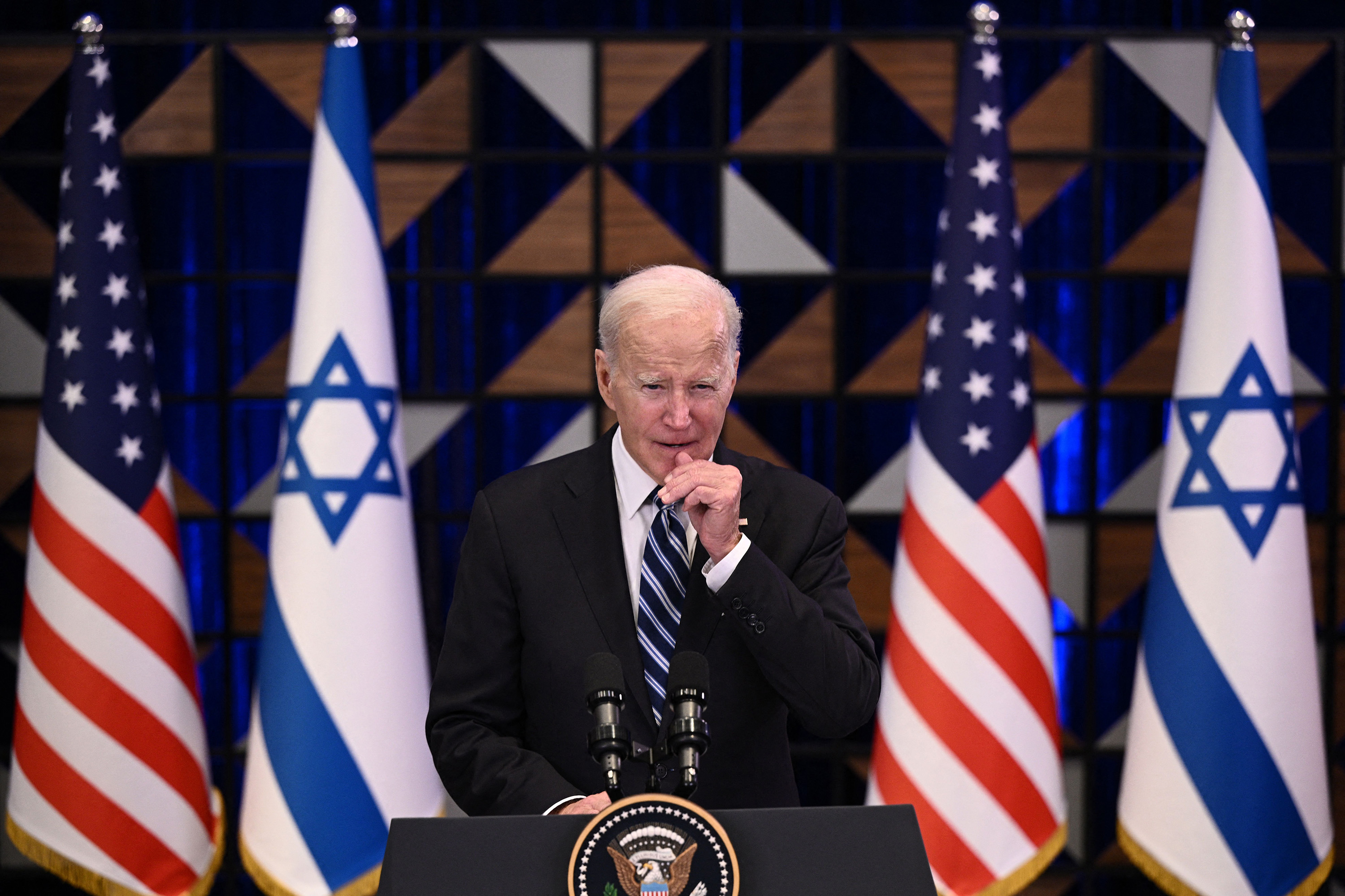 U.S. President Joe Biden holds a press conference following a solidarity visit to Israel, on Oct. 18, 2023, in Tel Aviv, amid the ongoing battles between Israel and the Palestinian group Hamas in the Gaza Strip. (Brendan Smialowski/AFP/Getty Images/TNS)