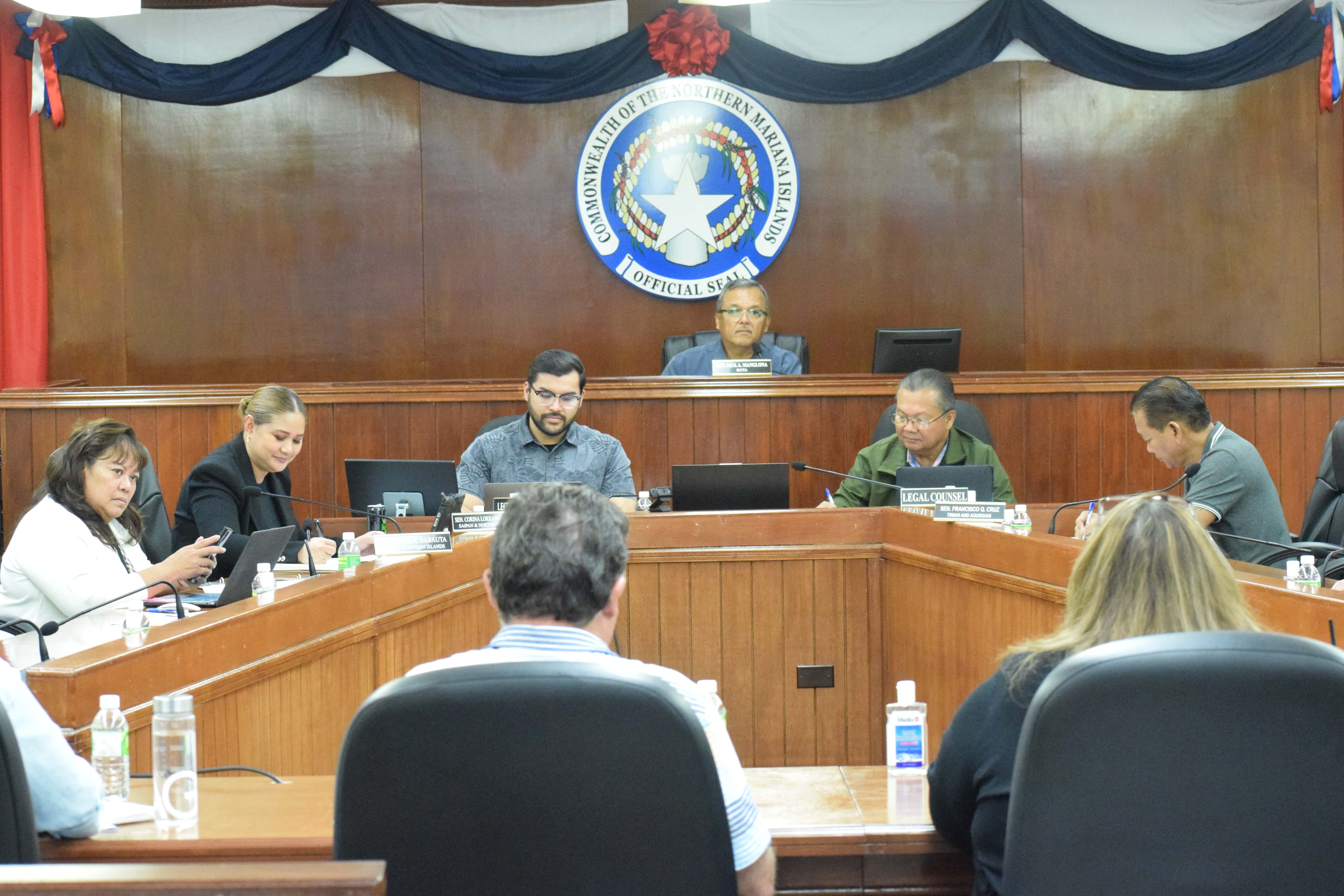 The chairman of the Senate Committee on Public Utilities, Transportation and Communications, Sen. Paul A. Manglona, presides over a meeting on Tuesday with officials of the Commonwealth Utilities Corp. Also in the photo are Senate Floor Leader Corina Magofna, Sen. Celina Babauta, Sen. Frank Cruz, Senate legal counsel Jose Bermudes and Senate legislative assistant Devin Macaranas.