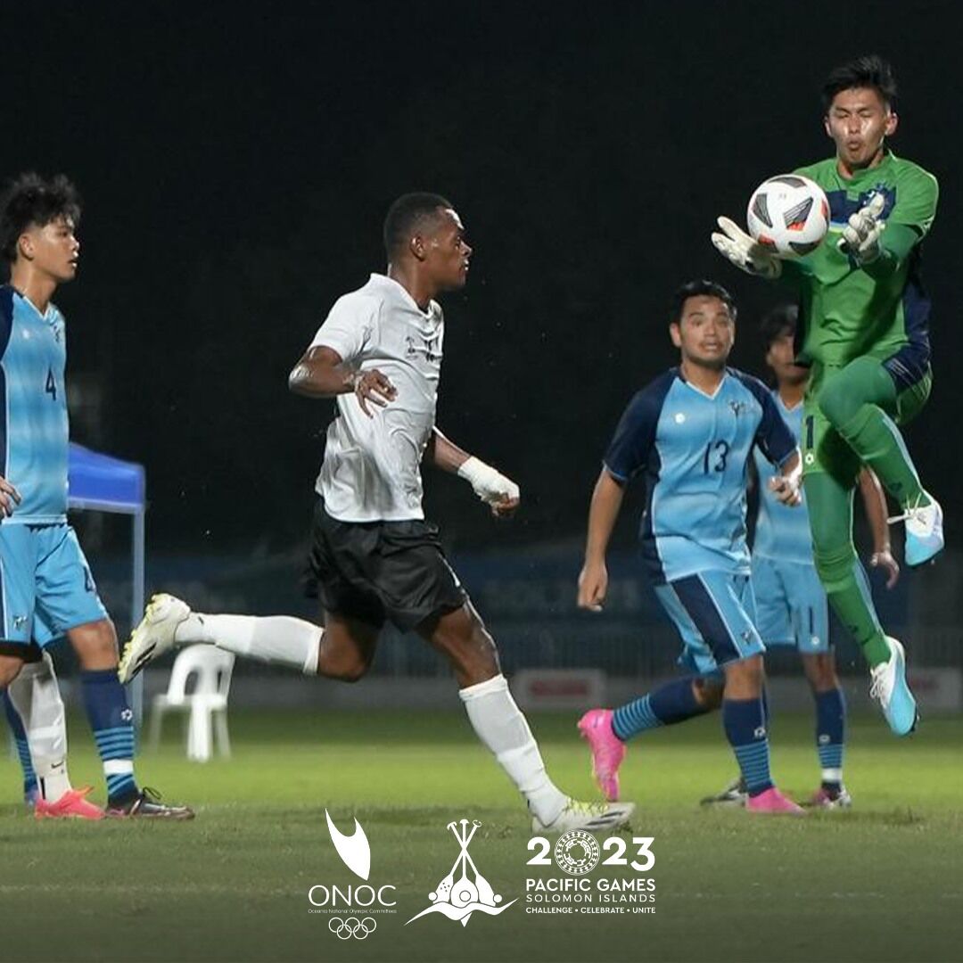The NMI’s Merrick Toves, catches the ball during their game against Fiji in the 2023 Pacific Games on Saturday. On Friday evening, the NMI Men’s National Football Team will take on Tahiti.