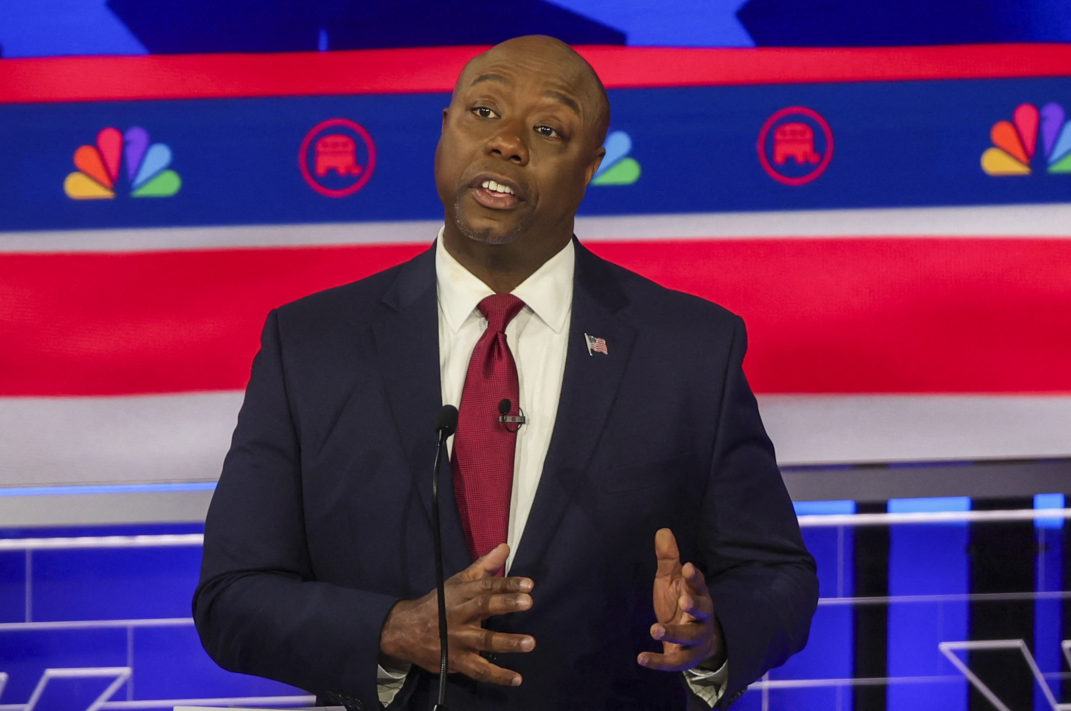 U.S. Senator Tim Scott (R-SC) speaks at the third Republican candidates' U.S. presidential debate of the 2024 U.S. presidential campaign hosted by NBC News at the Adrienne Arsht Center for the Performing Arts in Miami, Florida, U.S., November 8, 2023. 