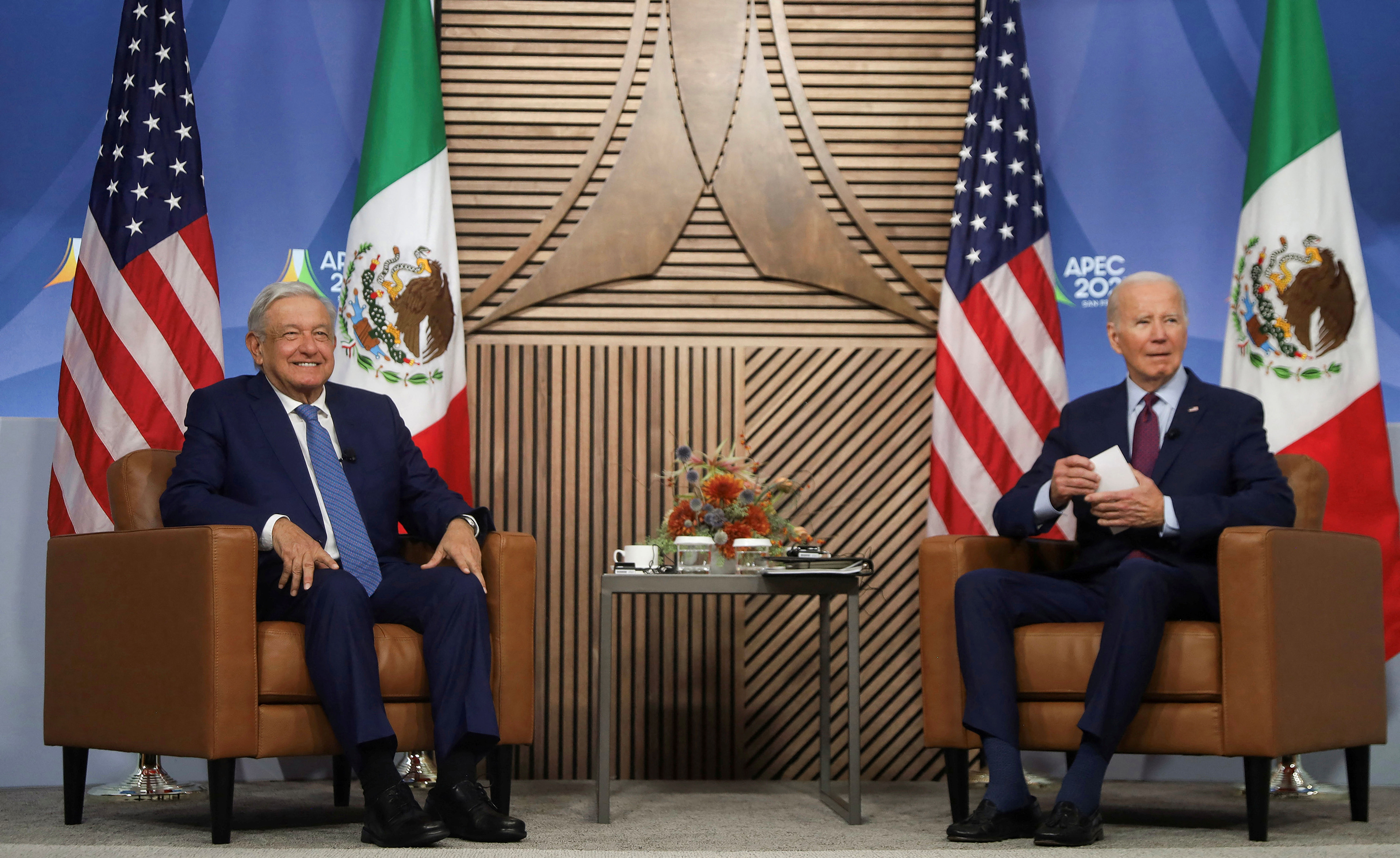U.S. President Joe Biden meets with Mexican President Andres Manuel Lopez Obrador on the sidelines of the Asia-Pacific Economic Cooperation (APEC) summit in San Francisco, California, U.S.,in this handout picture distributed to Reuters on November 17, 2023. 