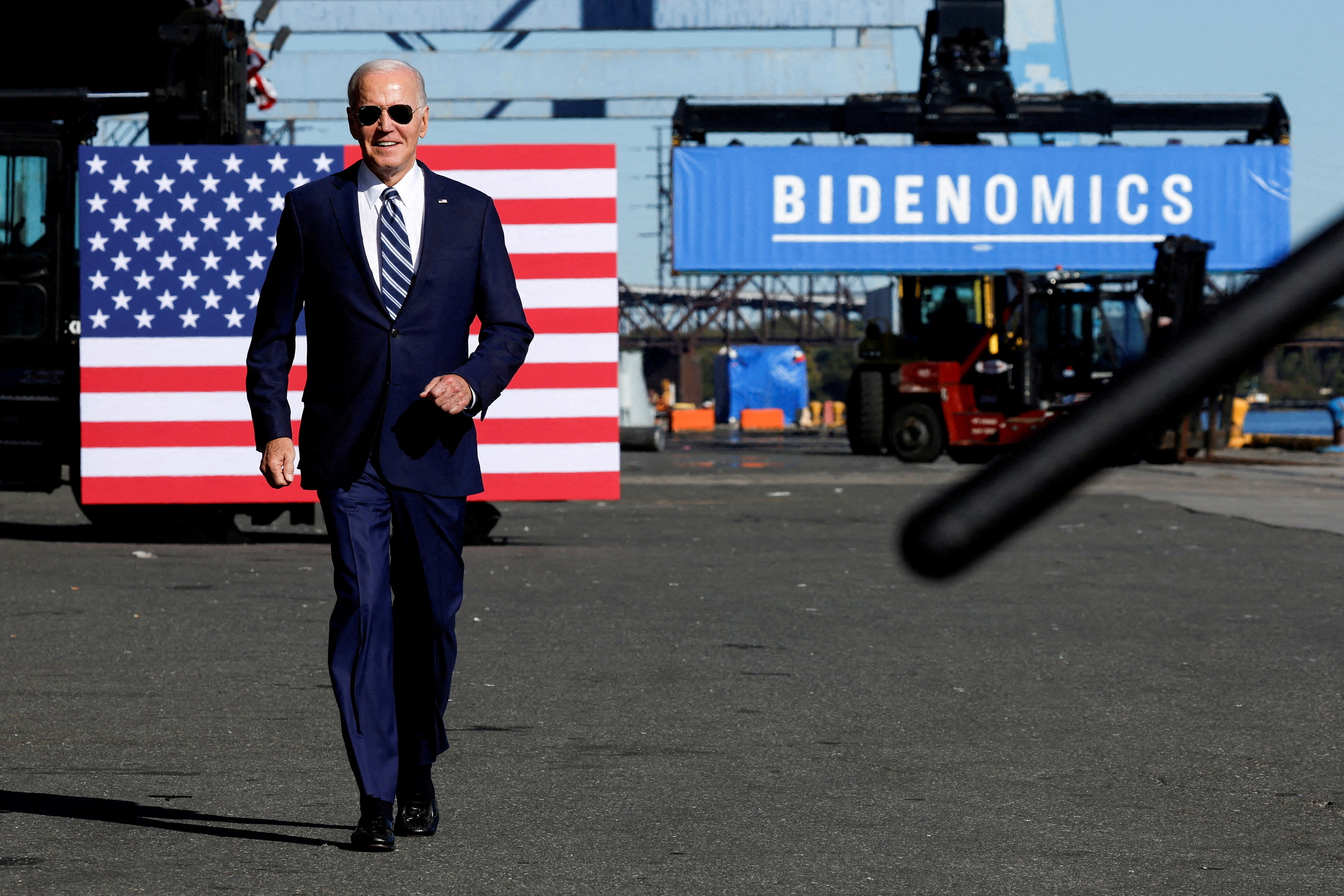 U.S. President Joe Biden arrives to deliver remarks on his economic objectives at the Tioga Marine Terminal in Philadelphia, Pennsylvania, U.S., October 13, 2023. 