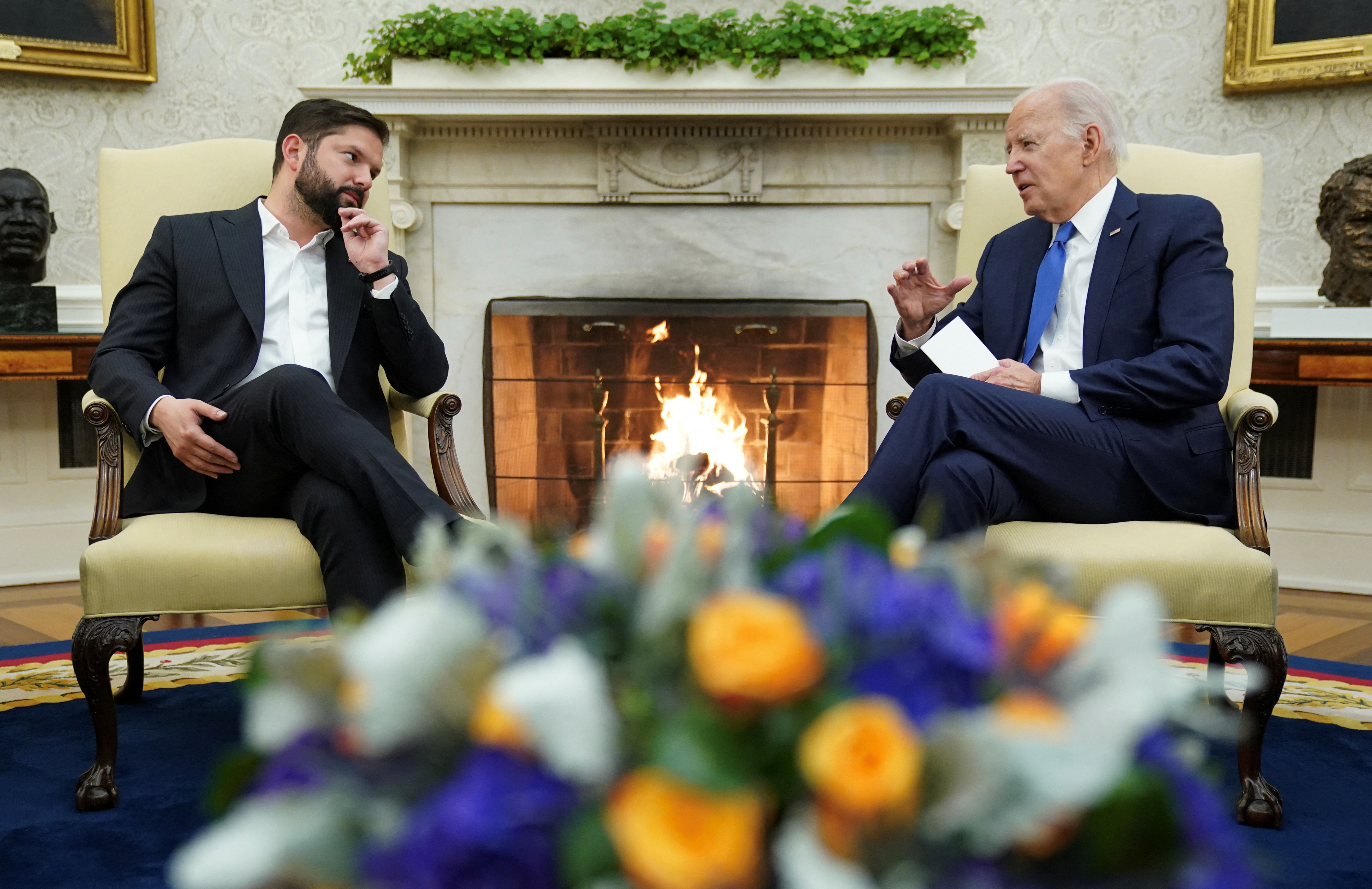 U.S. President Joe Biden meets with Chilean President Gabriel Boric in the Oval Office of the White House in Washington, U.S., November 2, 2023.