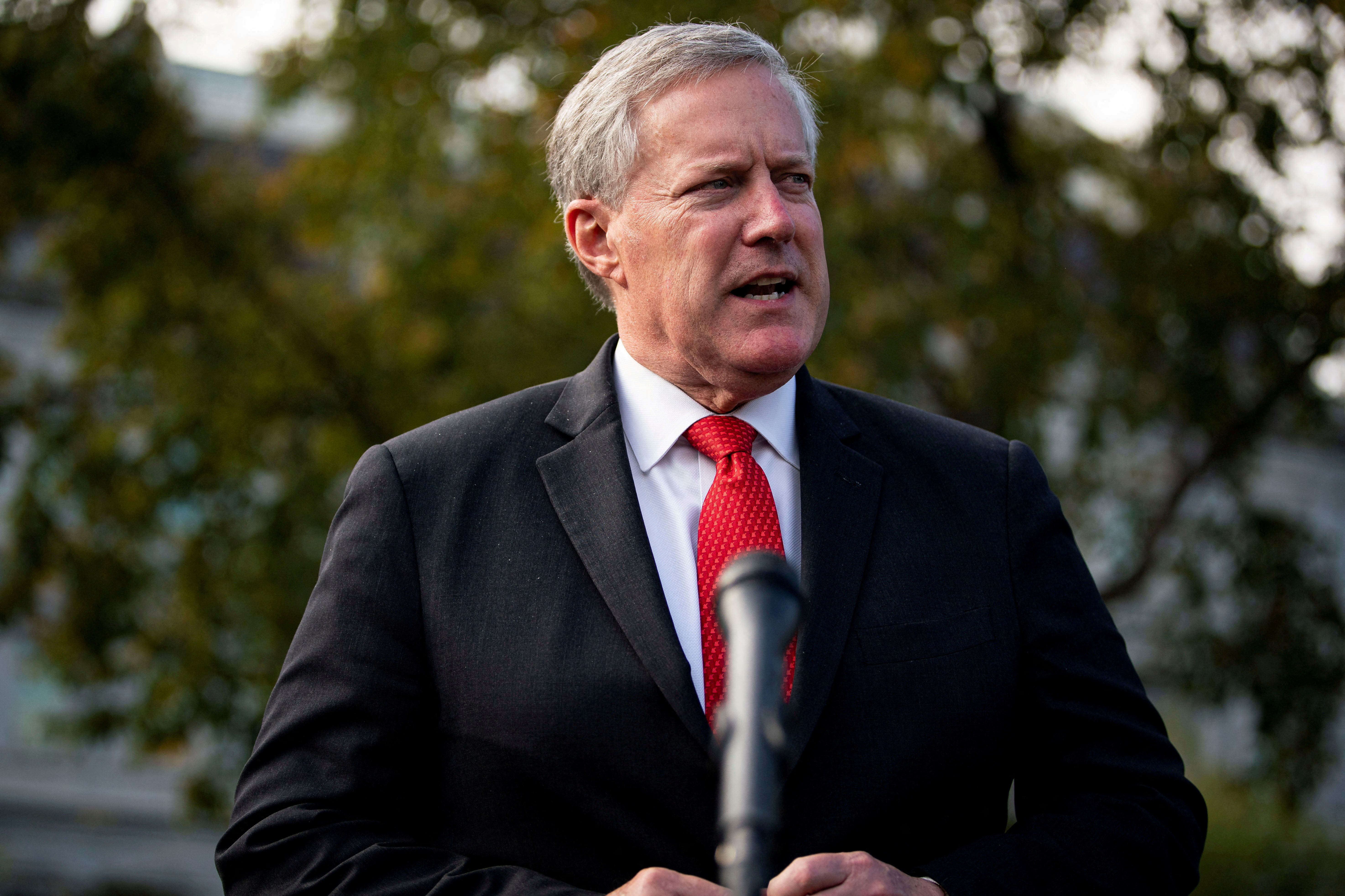 White House Chief of Staff Mark Meadows speaks to reporters following a television interview, outside the White House in Washington, U.S. October 21, 2020. 